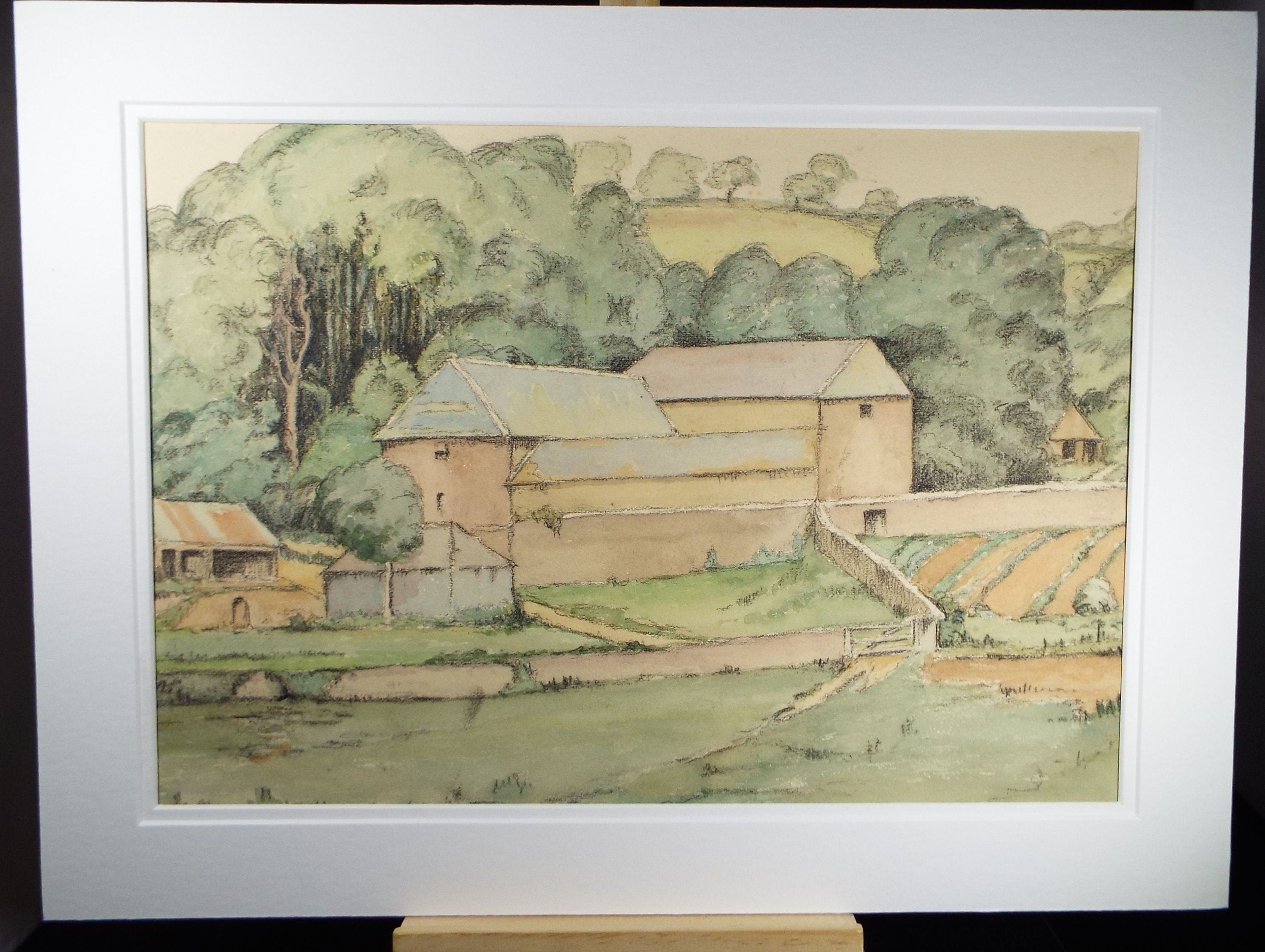 Original Charcoal & Watercolour, 'Farm Buildings', Circa 1930's , Frank Harold Read FRPS (1881-1960)