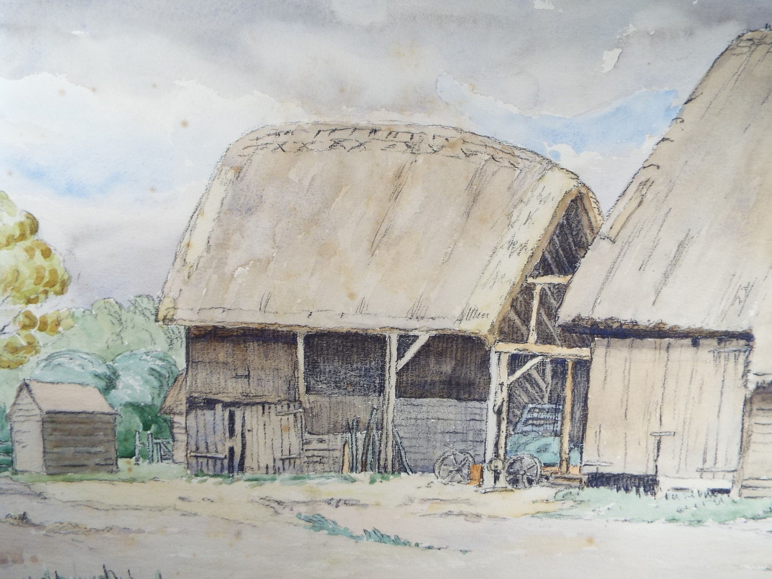 Original Charcoal & Watercolour, 'Thatched barn', Circa 1930's , Frank Harold Read FRPS (1881-1960)