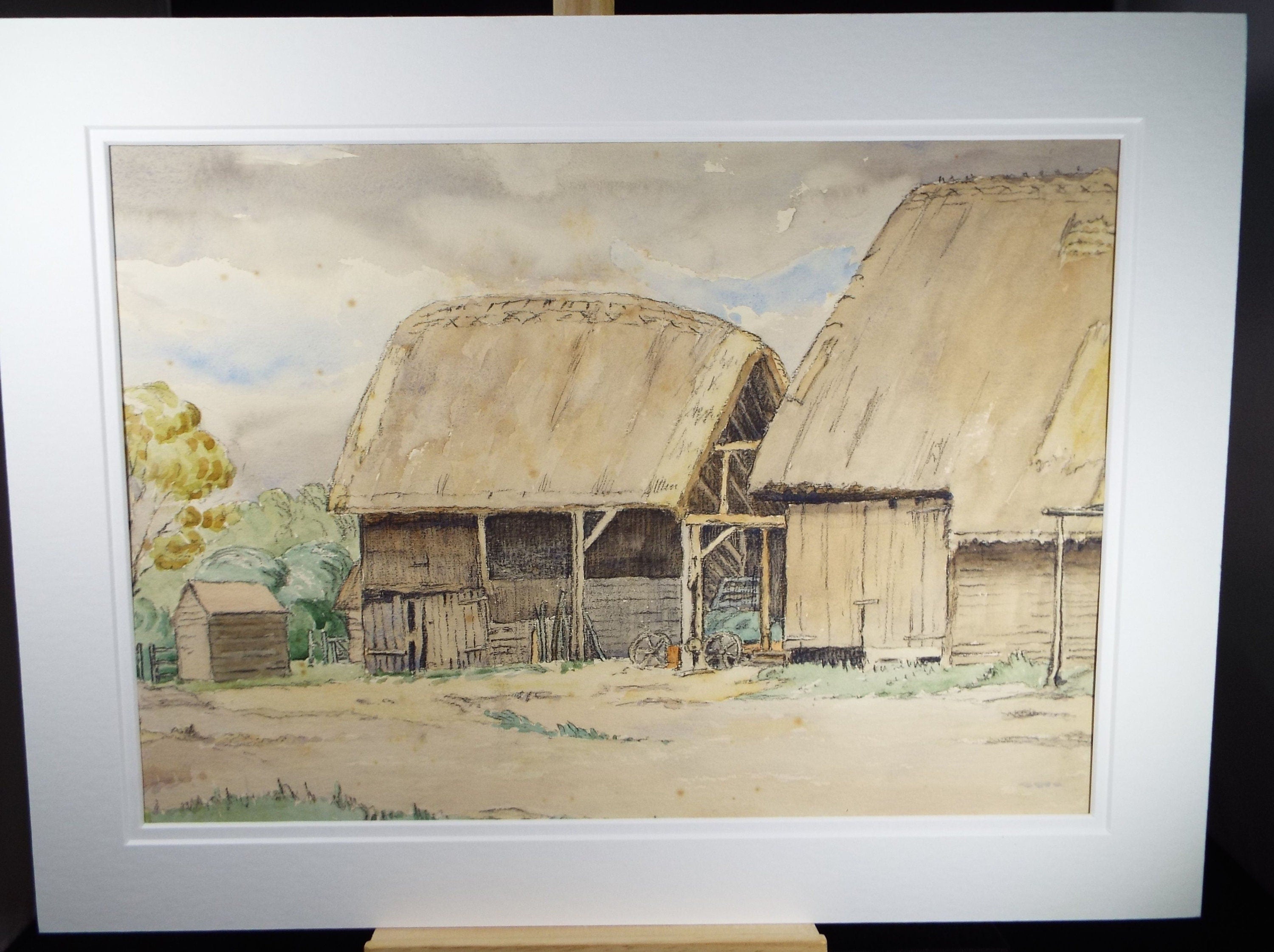 Original Charcoal & Watercolour, 'Thatched barn', Circa 1930's , Frank Harold Read FRPS (1881-1960)