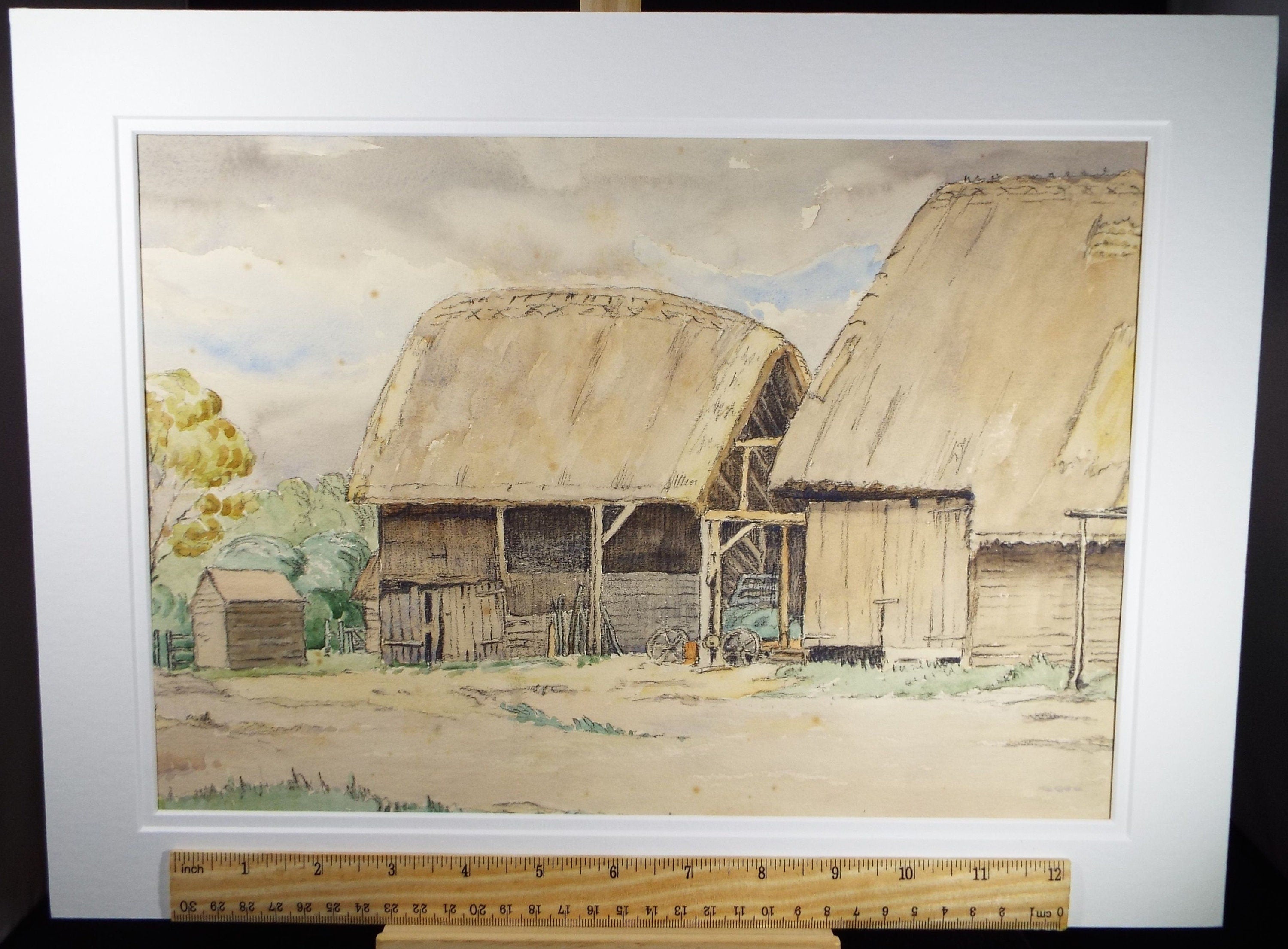 Original Charcoal & Watercolour, 'Thatched barn', Circa 1930's , Frank Harold Read FRPS (1881-1960)