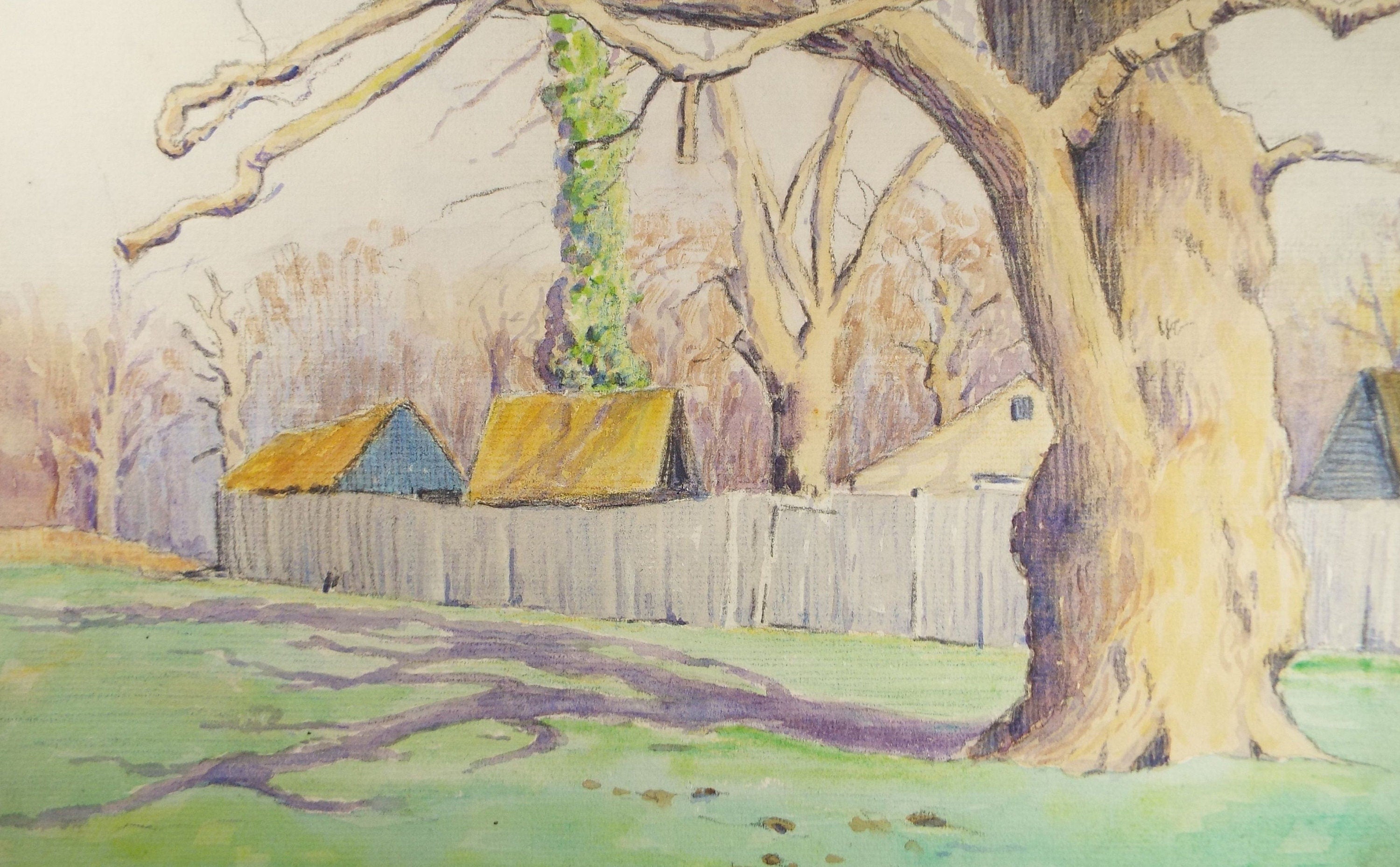 Original Charcoal & Watercolour, 'Yard with Oak Tree', Circa 1930's , Frank Harold Read FRPS (1881-1960)