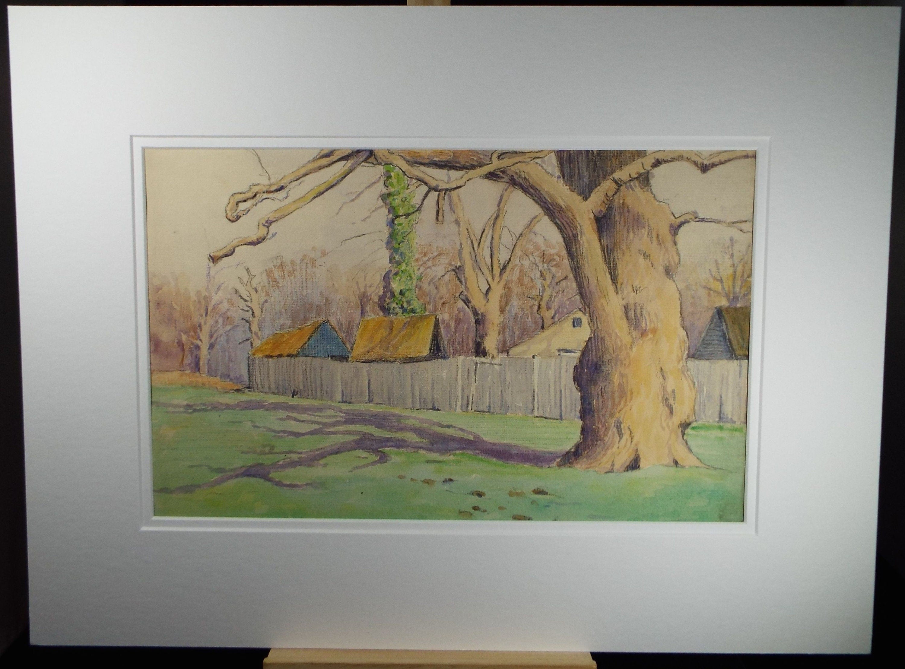 Original Charcoal & Watercolour, 'Yard with Oak Tree', Circa 1930's , Frank Harold Read FRPS (1881-1960)