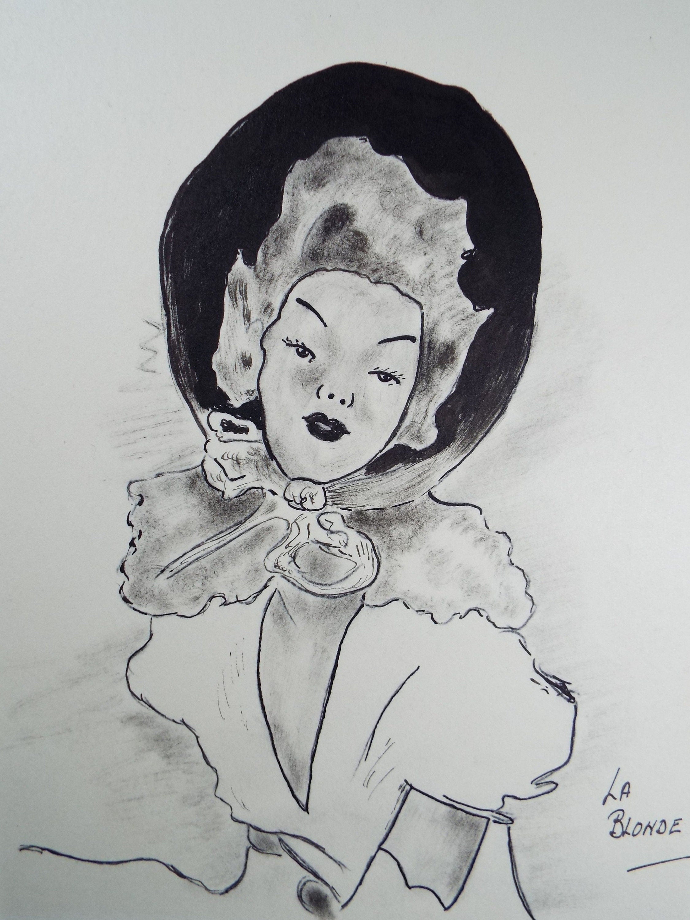 Original Pen & Ink 'Woman in a Bonnet - La blonde', Dated 1947, Artist Unknown