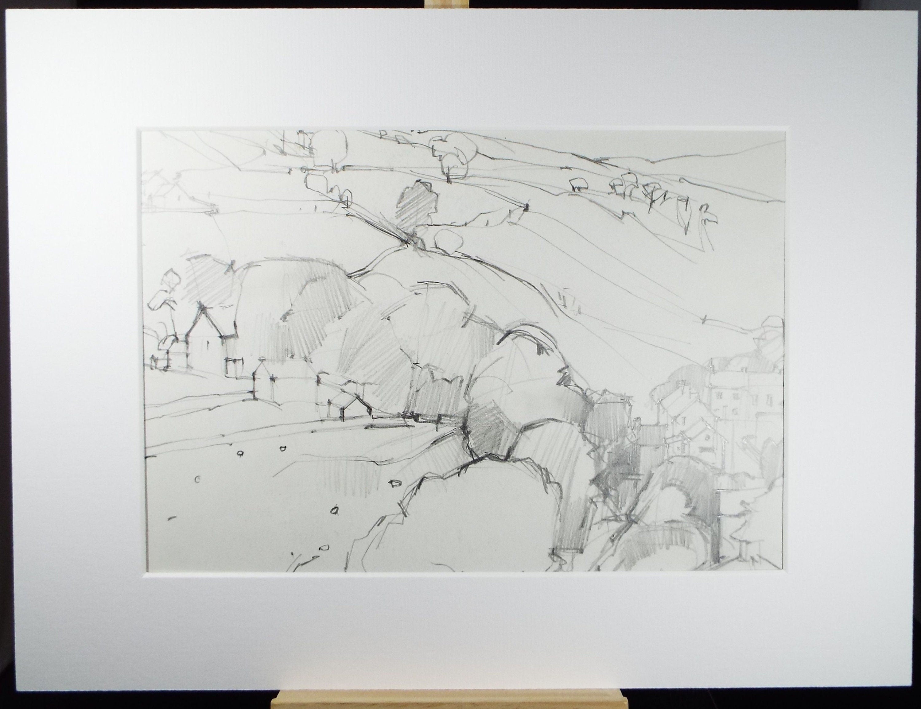 Original Pencil  Drawing, 'Landscape  with Buildings', circa 1970's Douglas Pittuck (1911-1993)