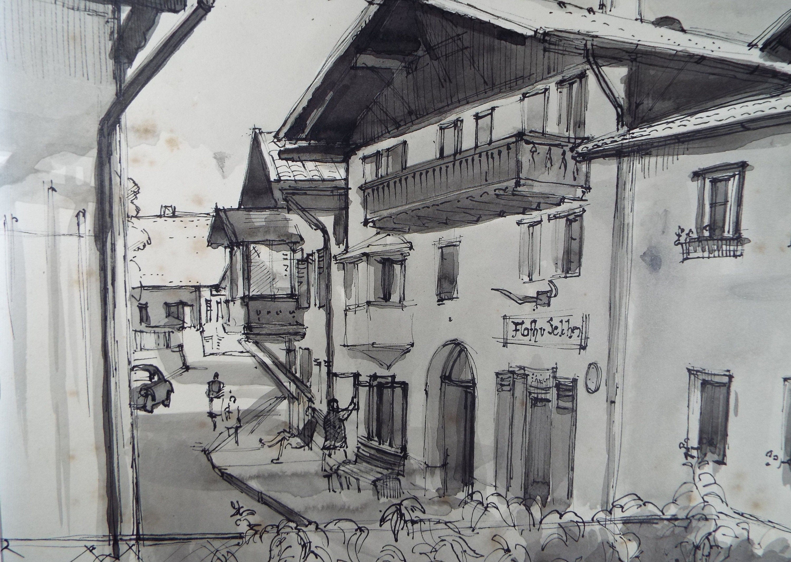 Original Ink & wash Drawing, 'Mieders, Austria', Dated 1957, Douglas Pittuck (1911-1993)