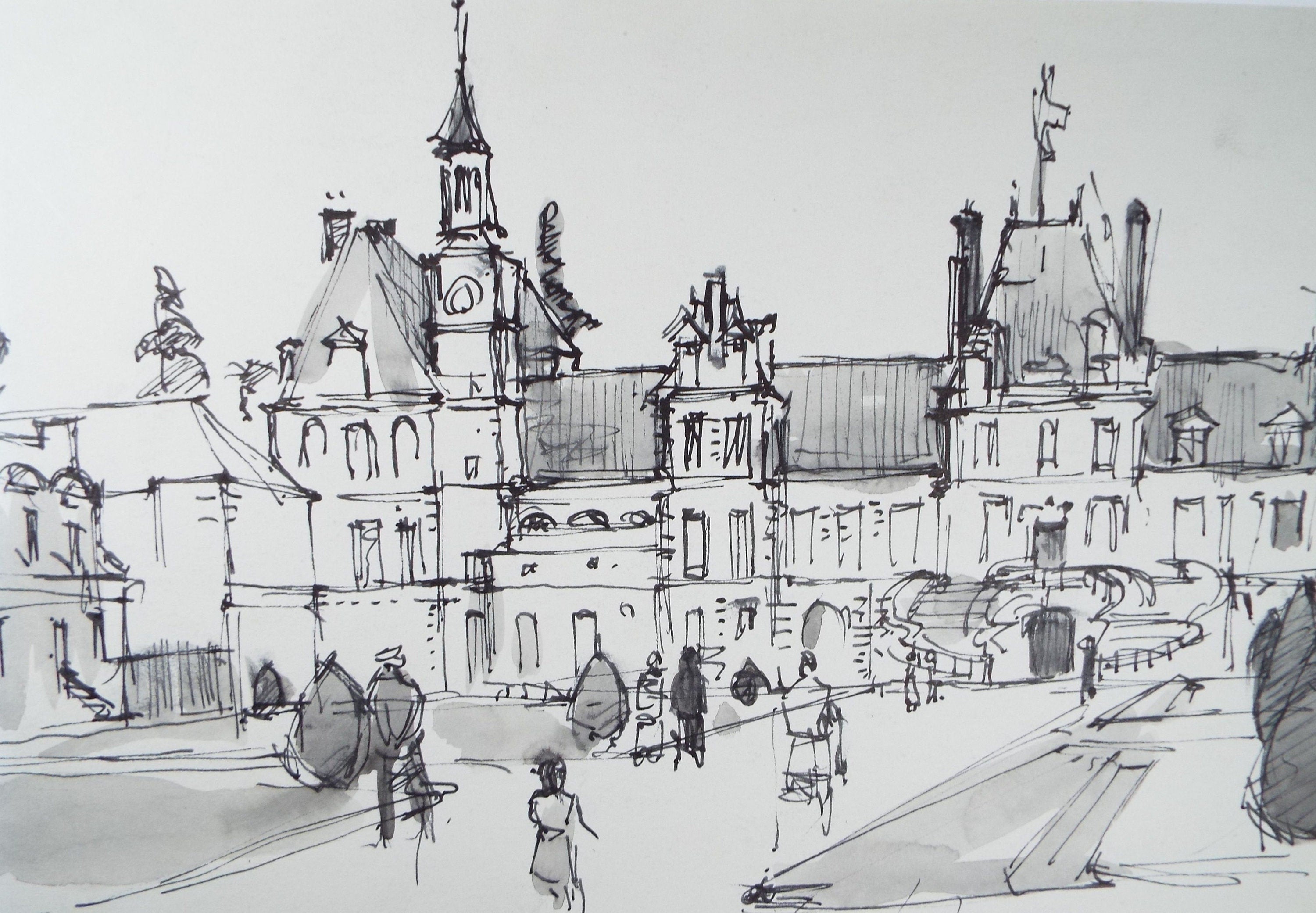 Original ink & wash Drawing, 'Fontainebleau', circa 1950's, Douglas Pittuck (1911-1993)