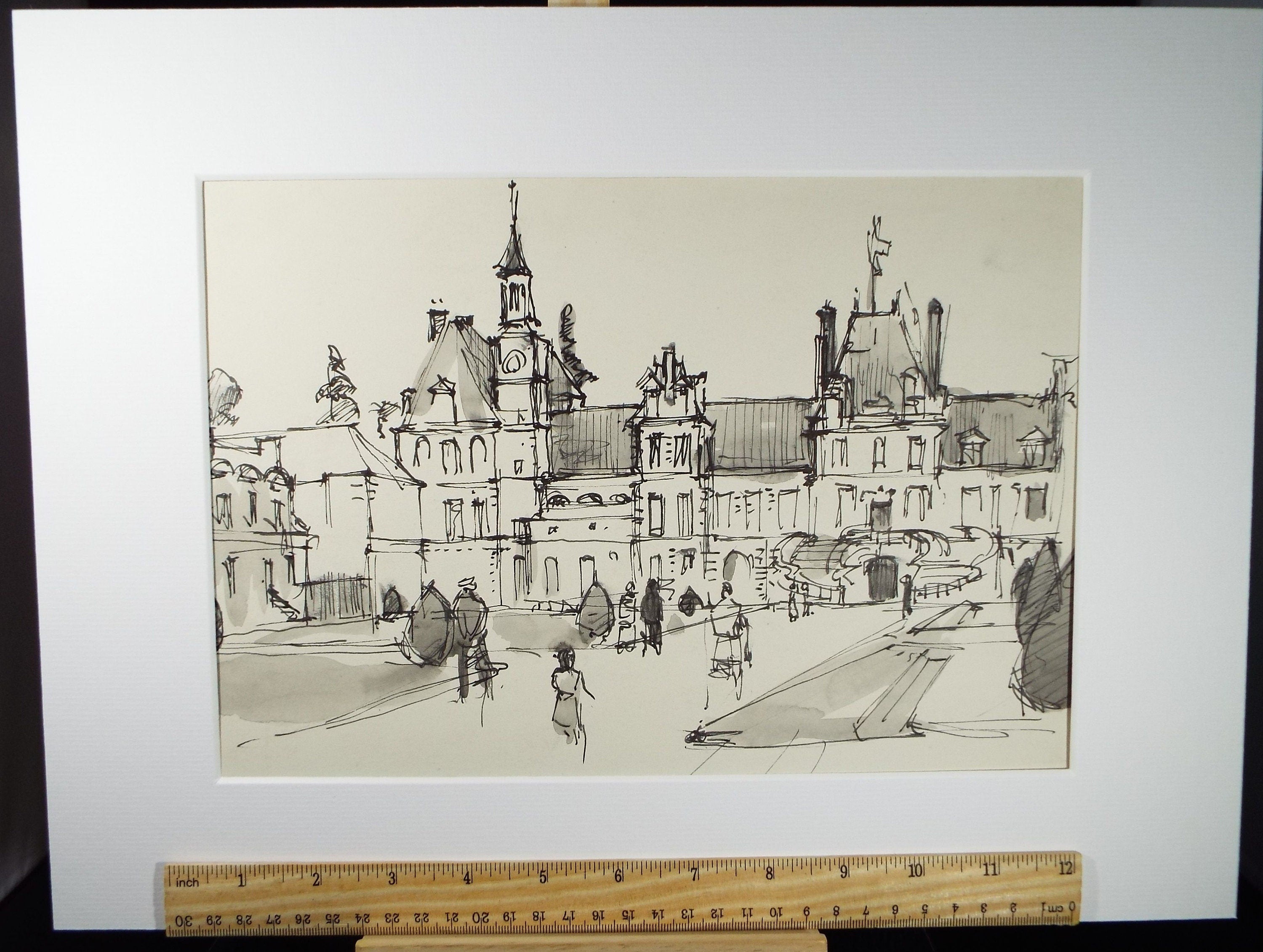 Original ink & wash Drawing, 'Fontainebleau', circa 1950's, Douglas Pittuck (1911-1993)