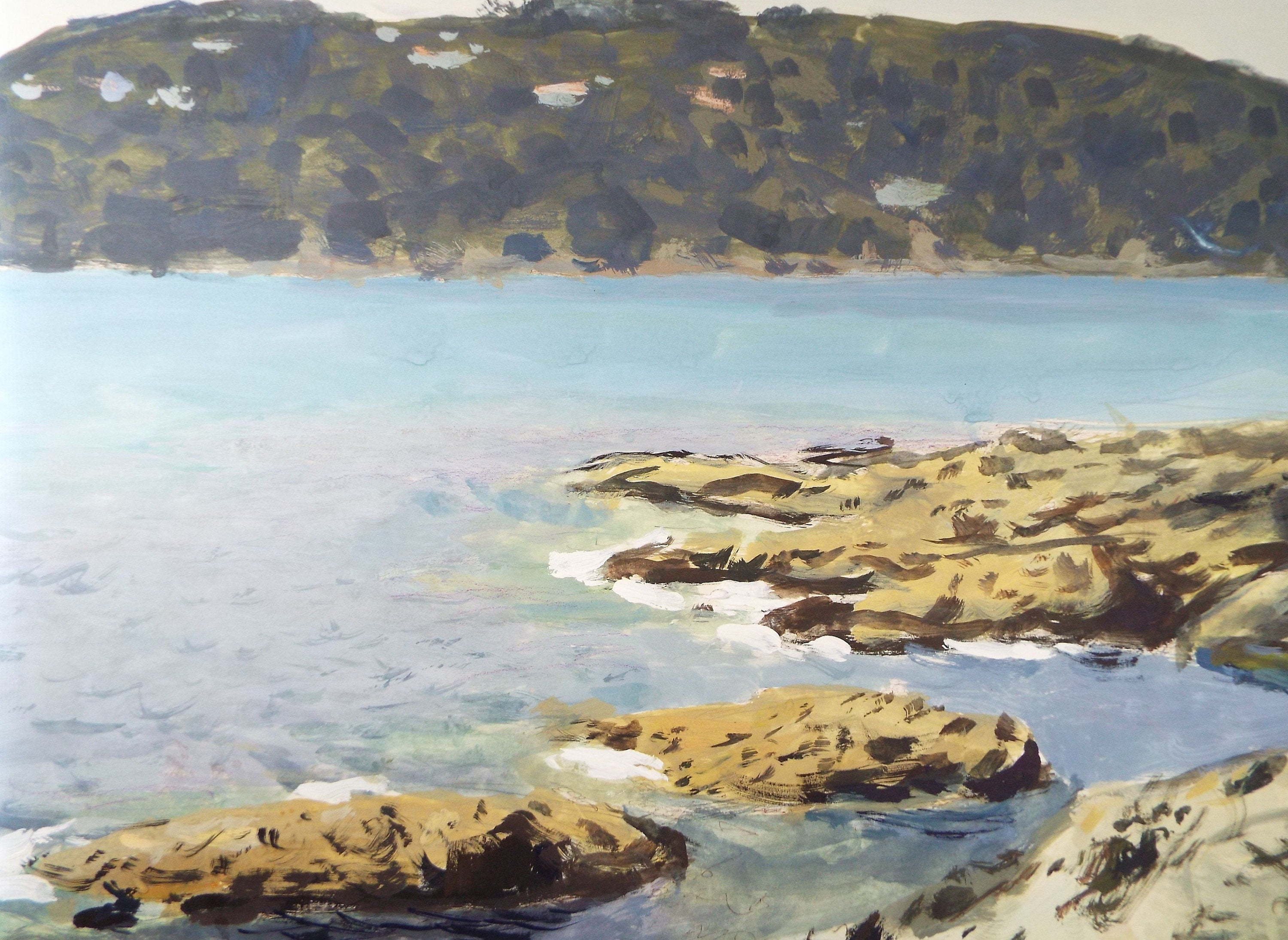 Original Gouache on paper, 'Island and Rocky Shore', Unknown Artist, circa 1960's - Marine Landscape