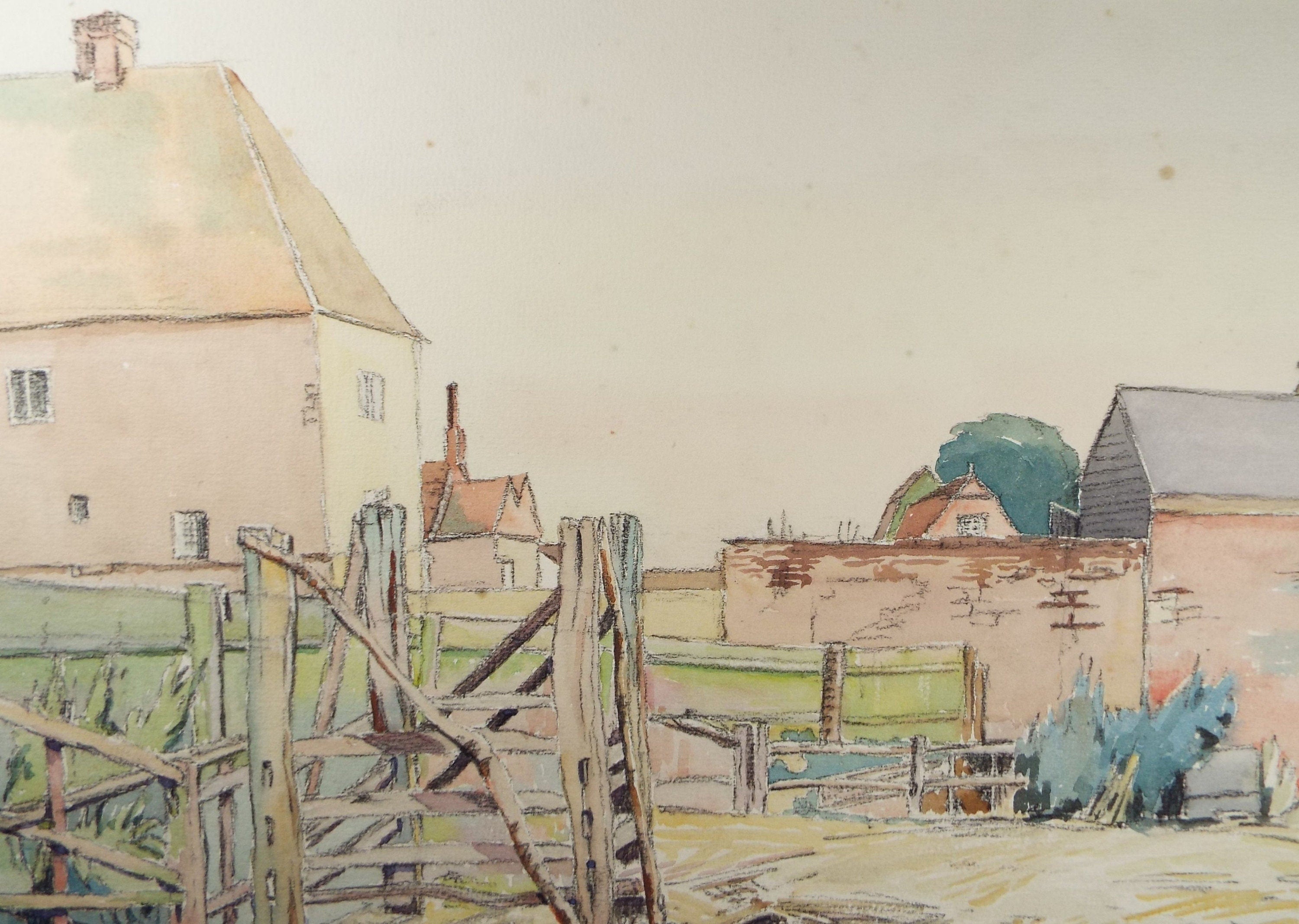 Original Charcoal & Watercolour, 'Farm Buildings', Circa 1930's , Frank Harold Read FRPS (1881-1960)