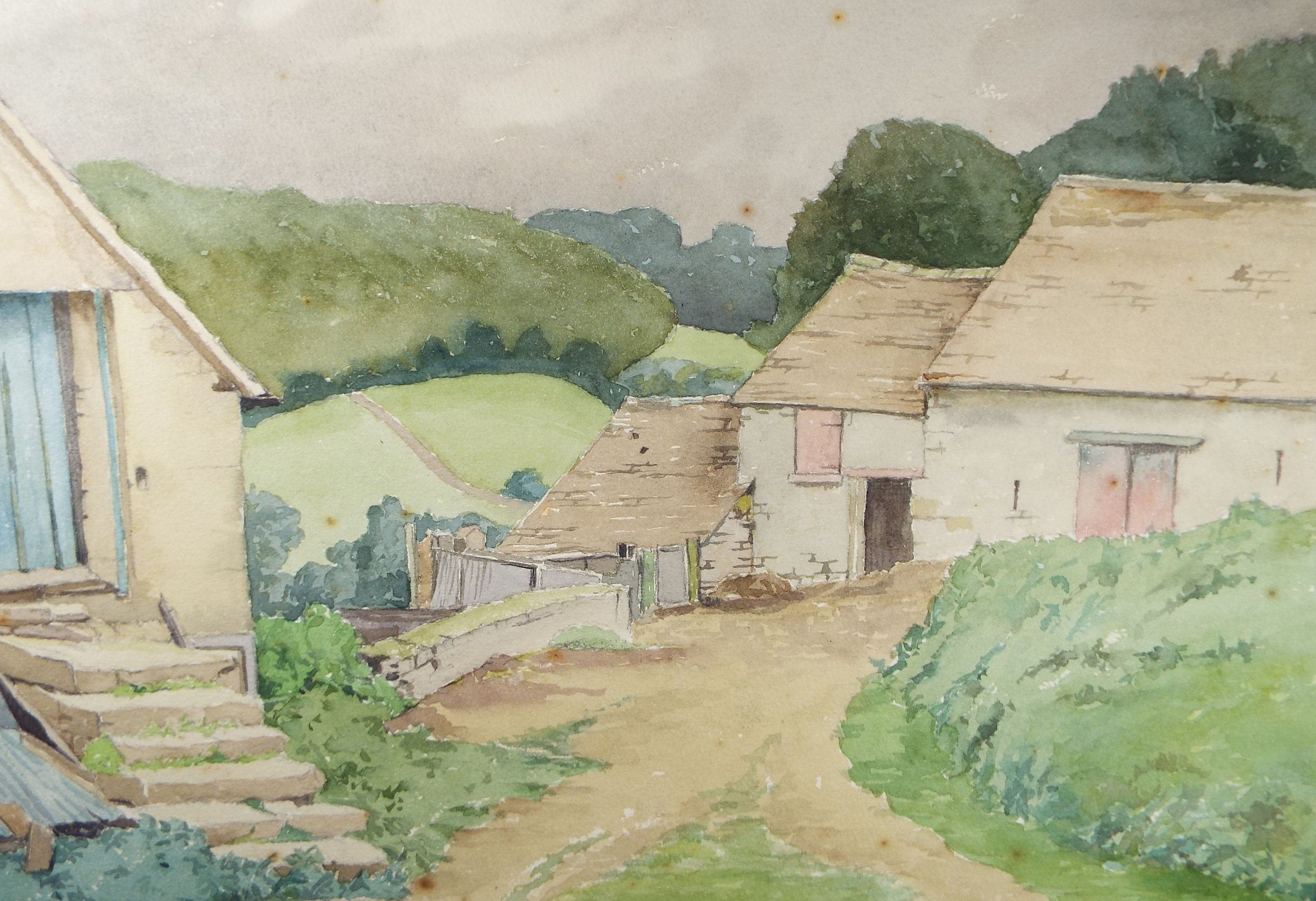 Original Charcoal & Watercolour, 'Farm Buildings', Circa 1930's , Frank Harold Read FRPS (1881-1960)