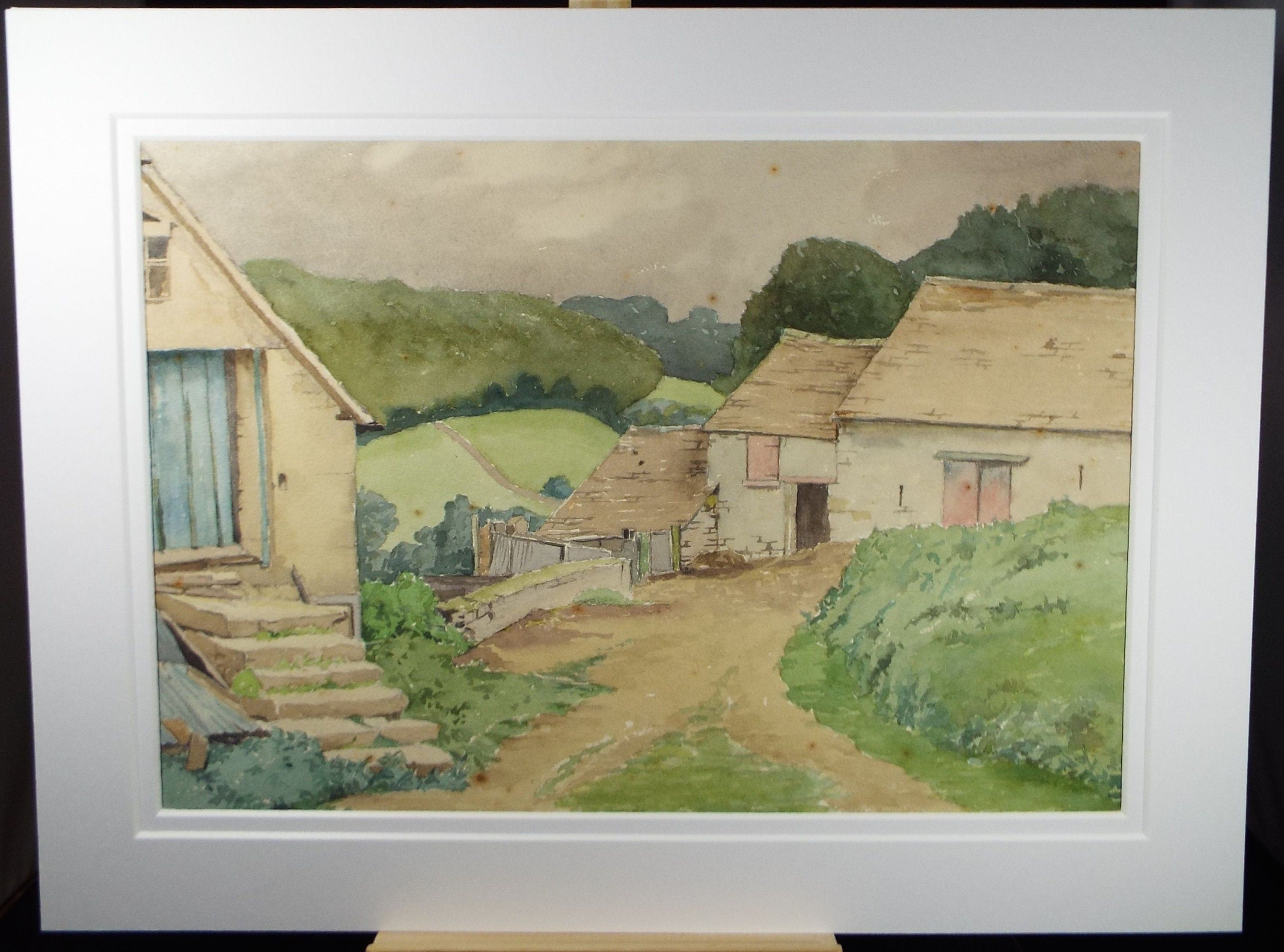 Original Charcoal & Watercolour, 'Farm Buildings', Circa 1930's , Frank Harold Read FRPS (1881-1960)