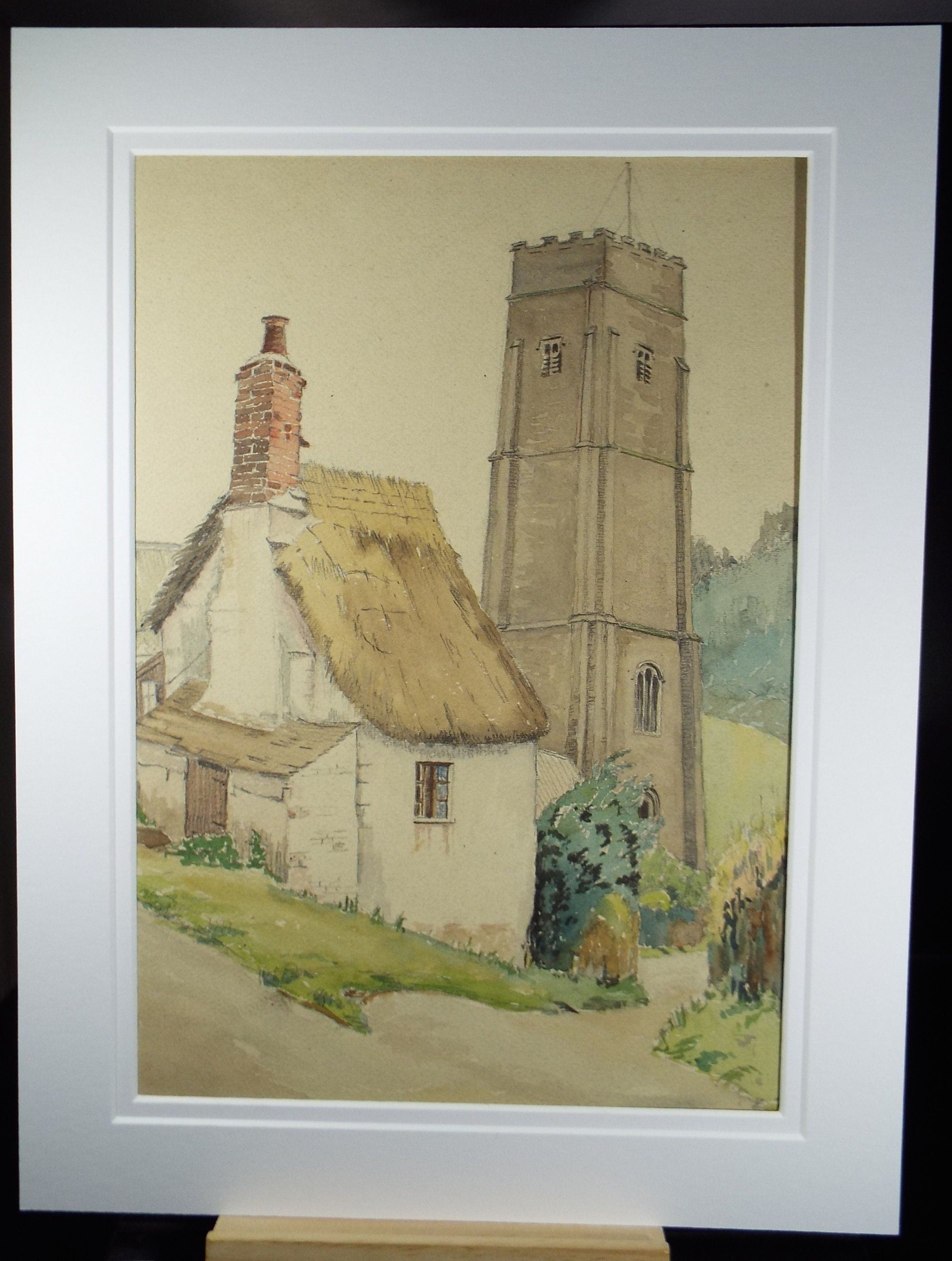 Original Charcoal & Watercolour, 'Village Church and Cottage', Circa 1930's , Frank Harold Read FRPS (1881-1960)