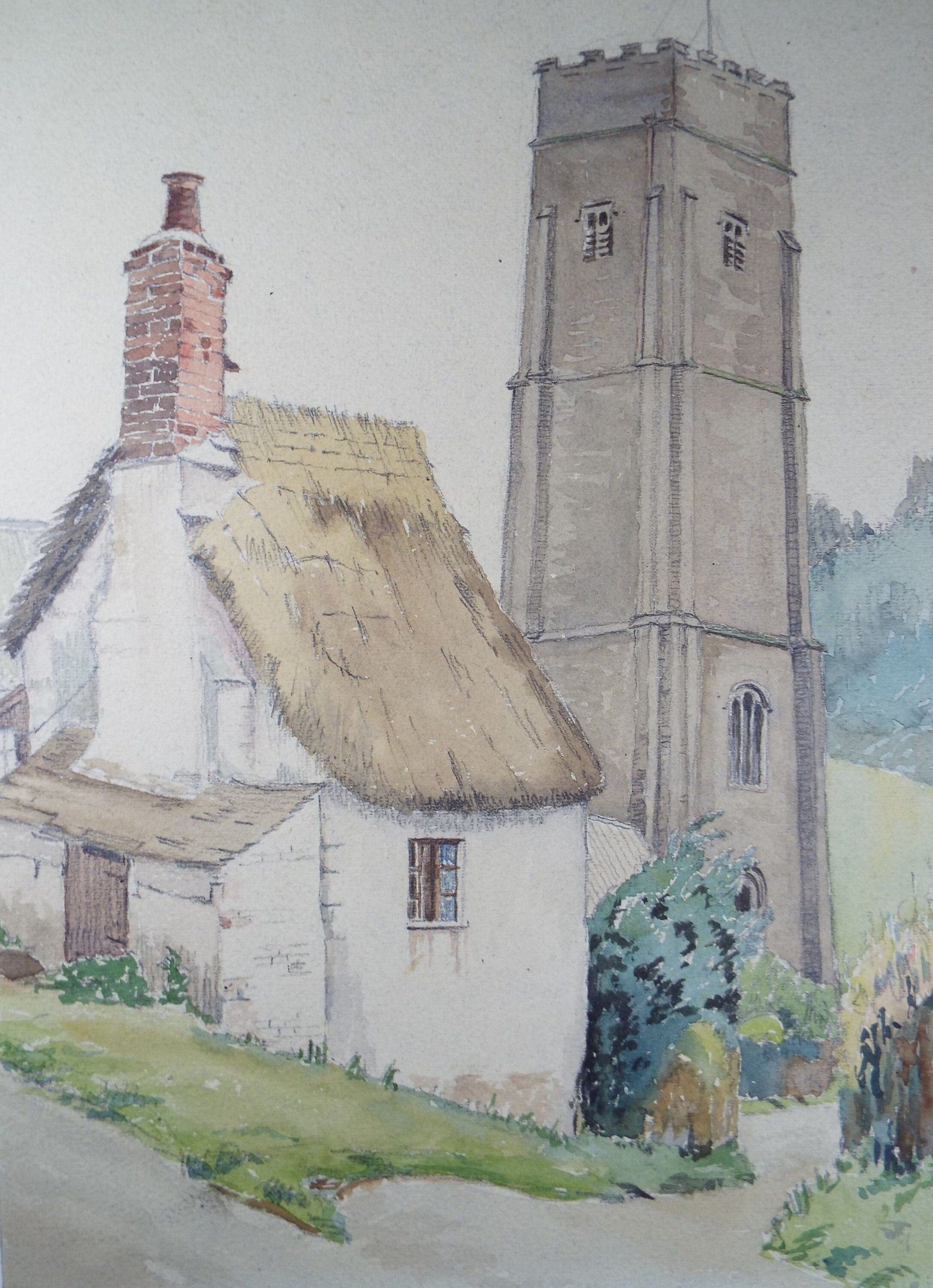 Original Charcoal & Watercolour, 'Village Church and Cottage', Circa 1930's , Frank Harold Read FRPS (1881-1960)