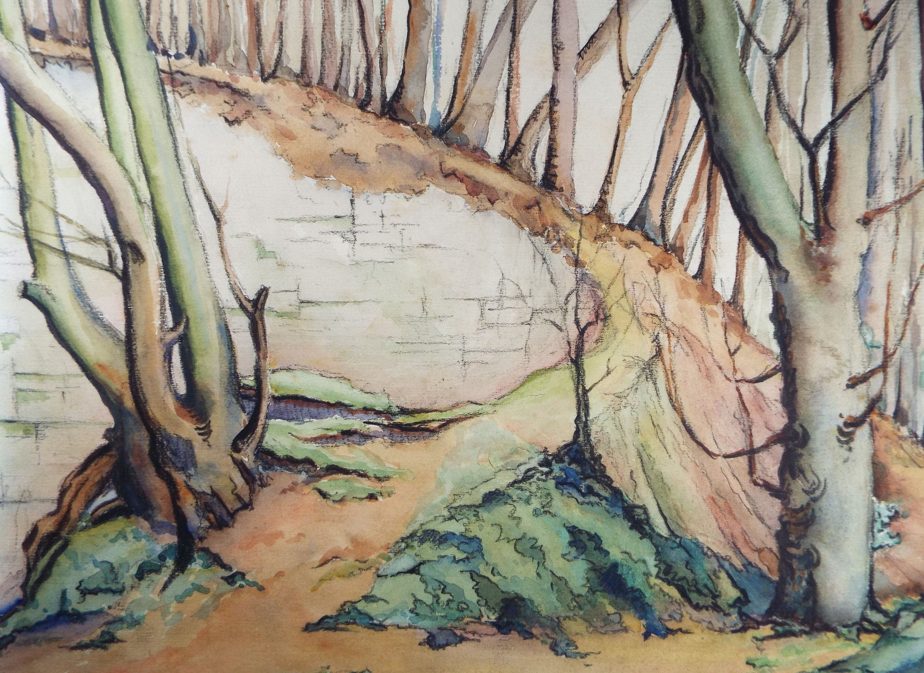 Original Charcoal & Watercolour, 'Stone Outcrop with Trees', Circa 1930's , Frank Harold Read FRPS (1881-1960)