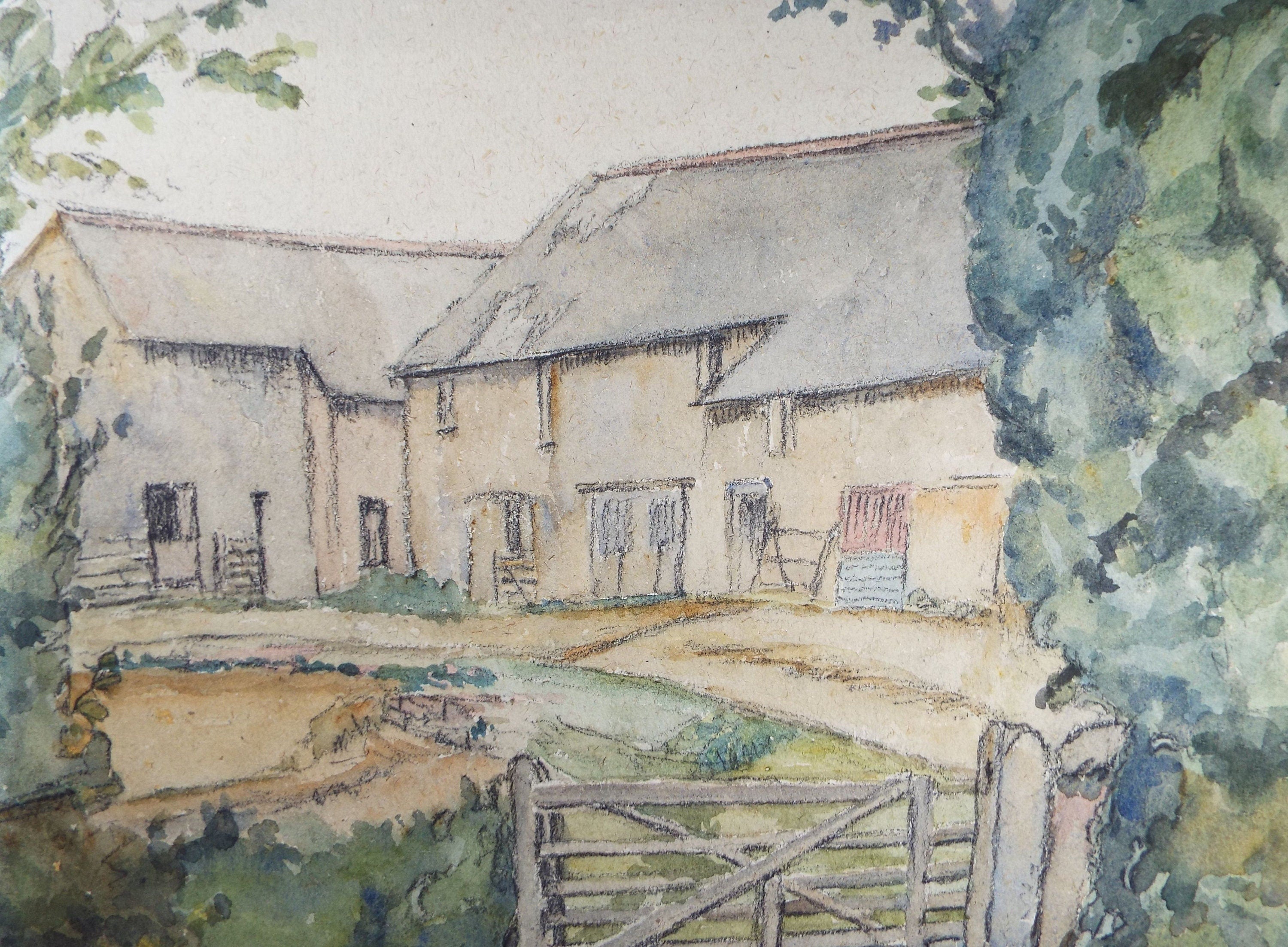 Original Charcoal & Watercolour, 'Farm Buildings', Circa 1930's , Frank Harold Read FRPS (1881-1960)