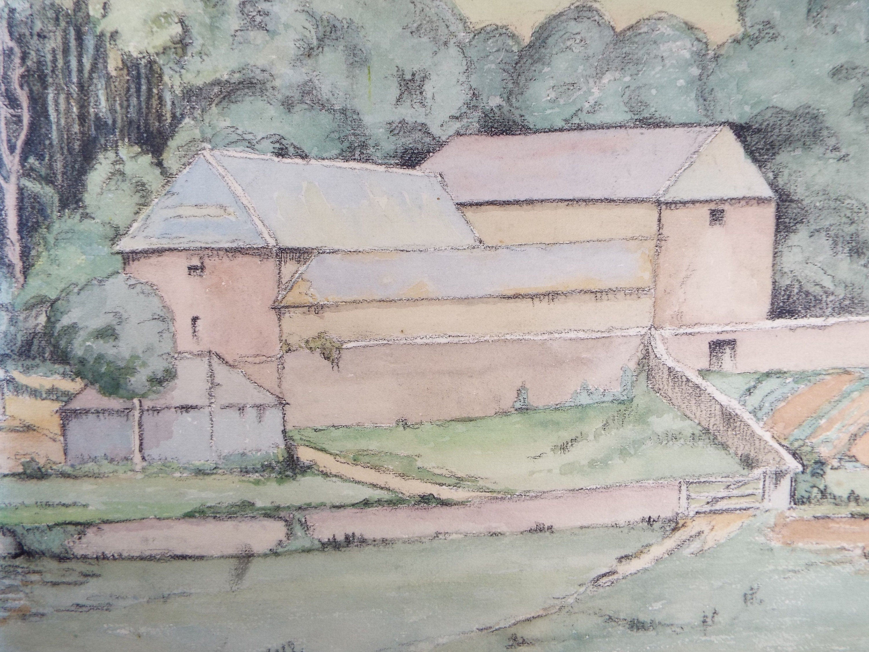 Original Charcoal & Watercolour, 'Farm Buildings', Circa 1930's , Frank Harold Read FRPS (1881-1960)