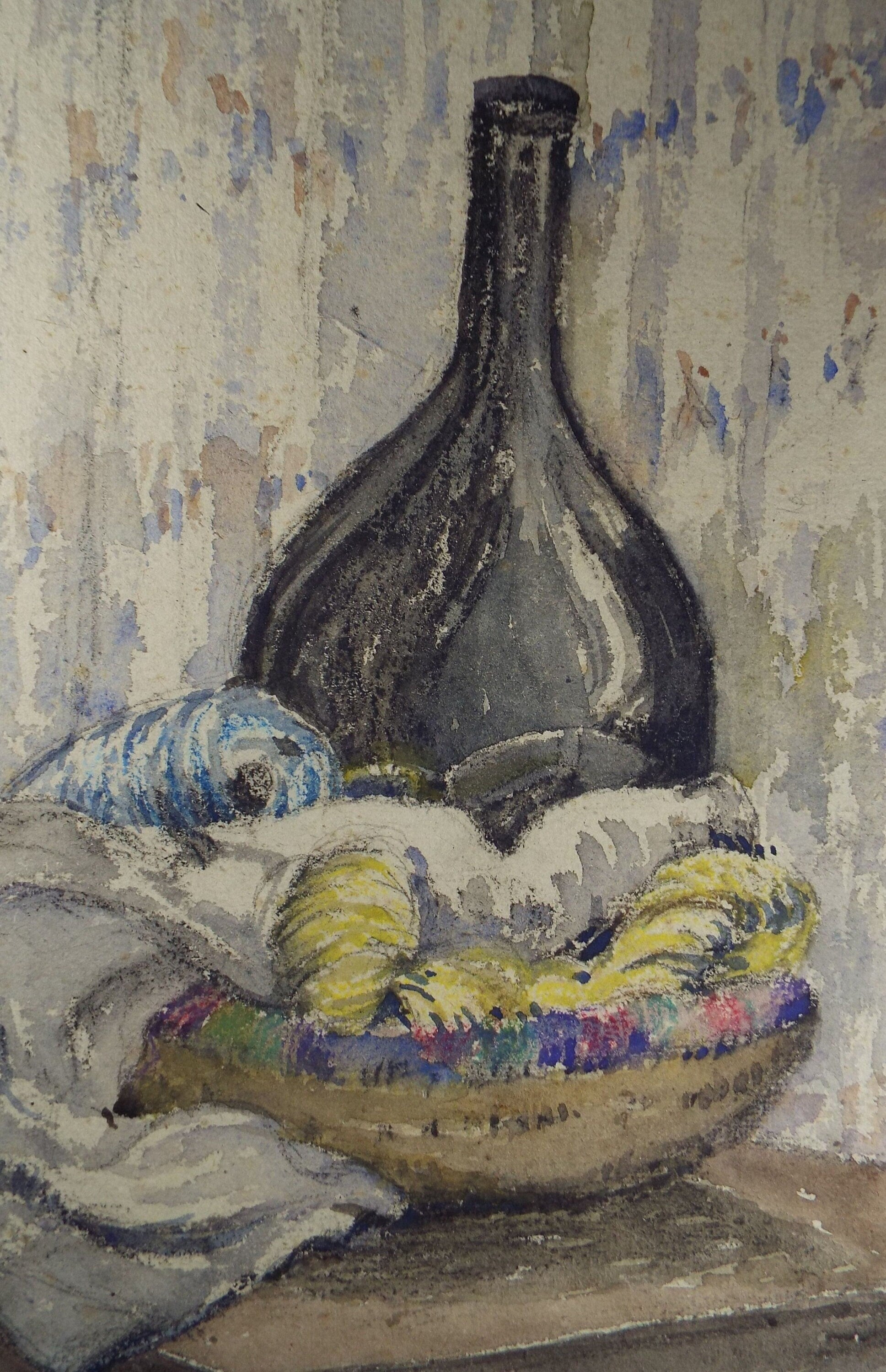 Original Charcoal & Watercolour, 'Still Life with bottle and croissants', Circa 1930's , Frank Harold Read FRPS (1881-1960)