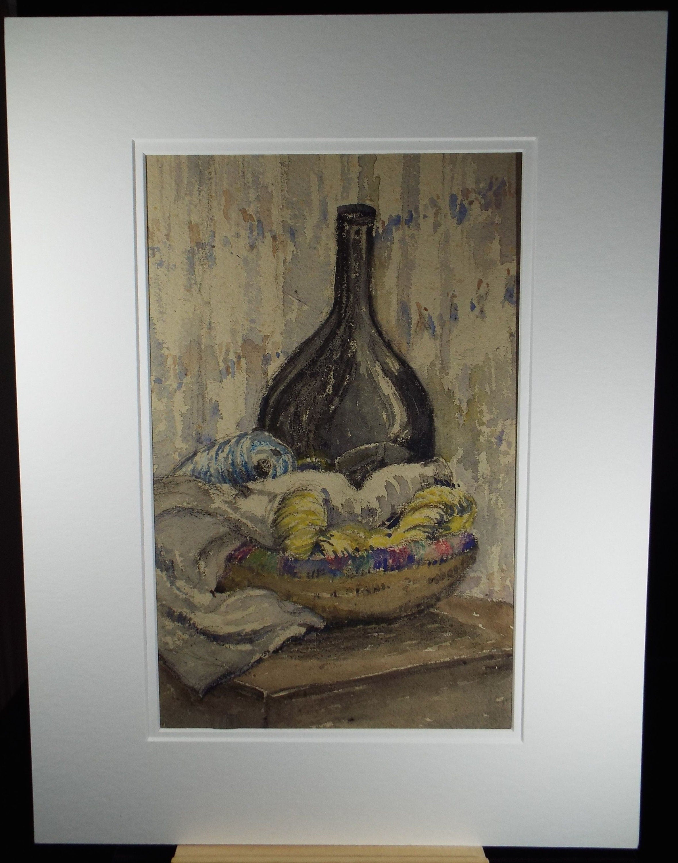 Original Charcoal & Watercolour, 'Still Life with bottle and croissants', Circa 1930's , Frank Harold Read FRPS (1881-1960)