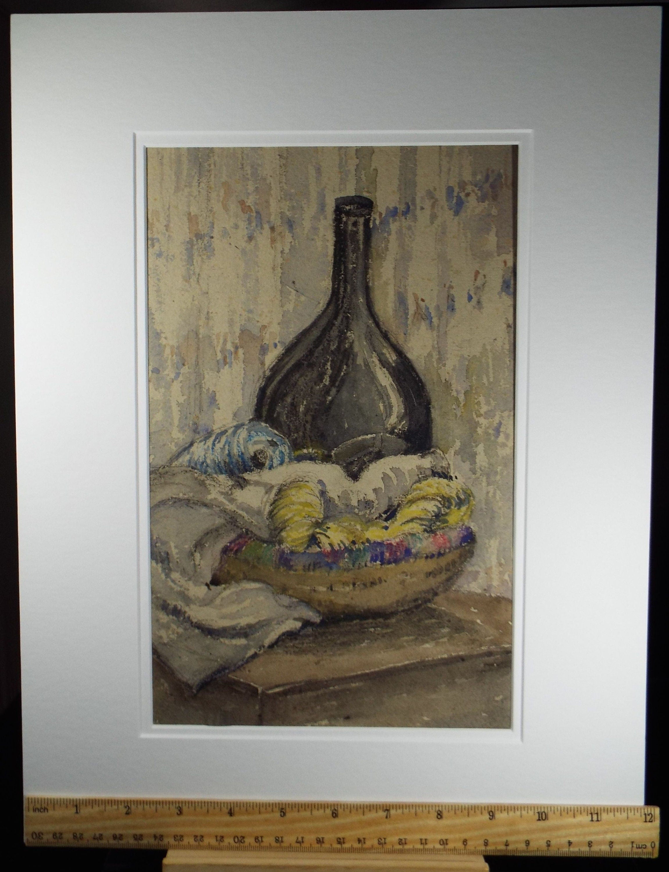 Original Charcoal & Watercolour, 'Still Life with bottle and croissants', Circa 1930's , Frank Harold Read FRPS (1881-1960)