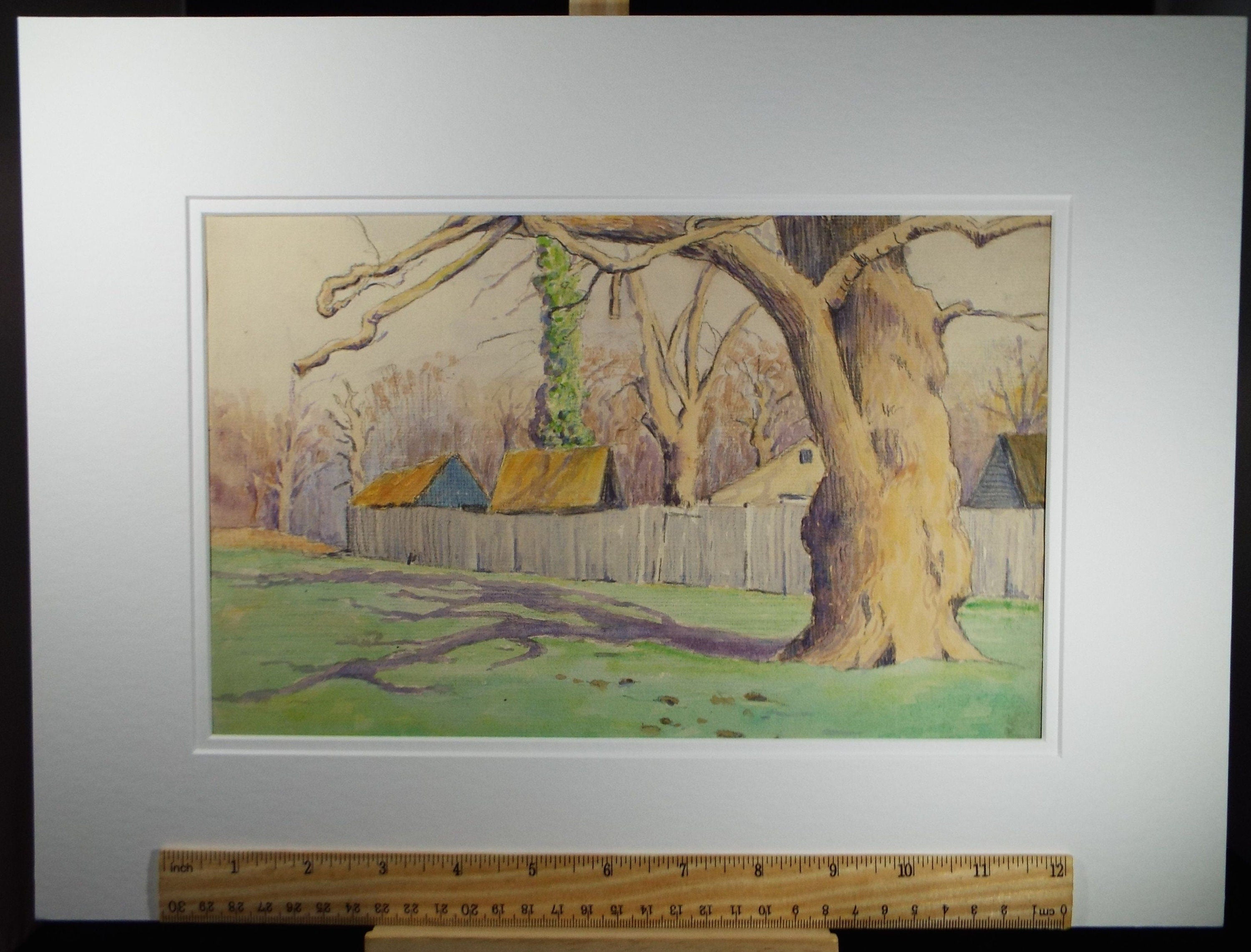 Original Charcoal & Watercolour, 'Yard with Oak Tree', Circa 1930's , Frank Harold Read FRPS (1881-1960)