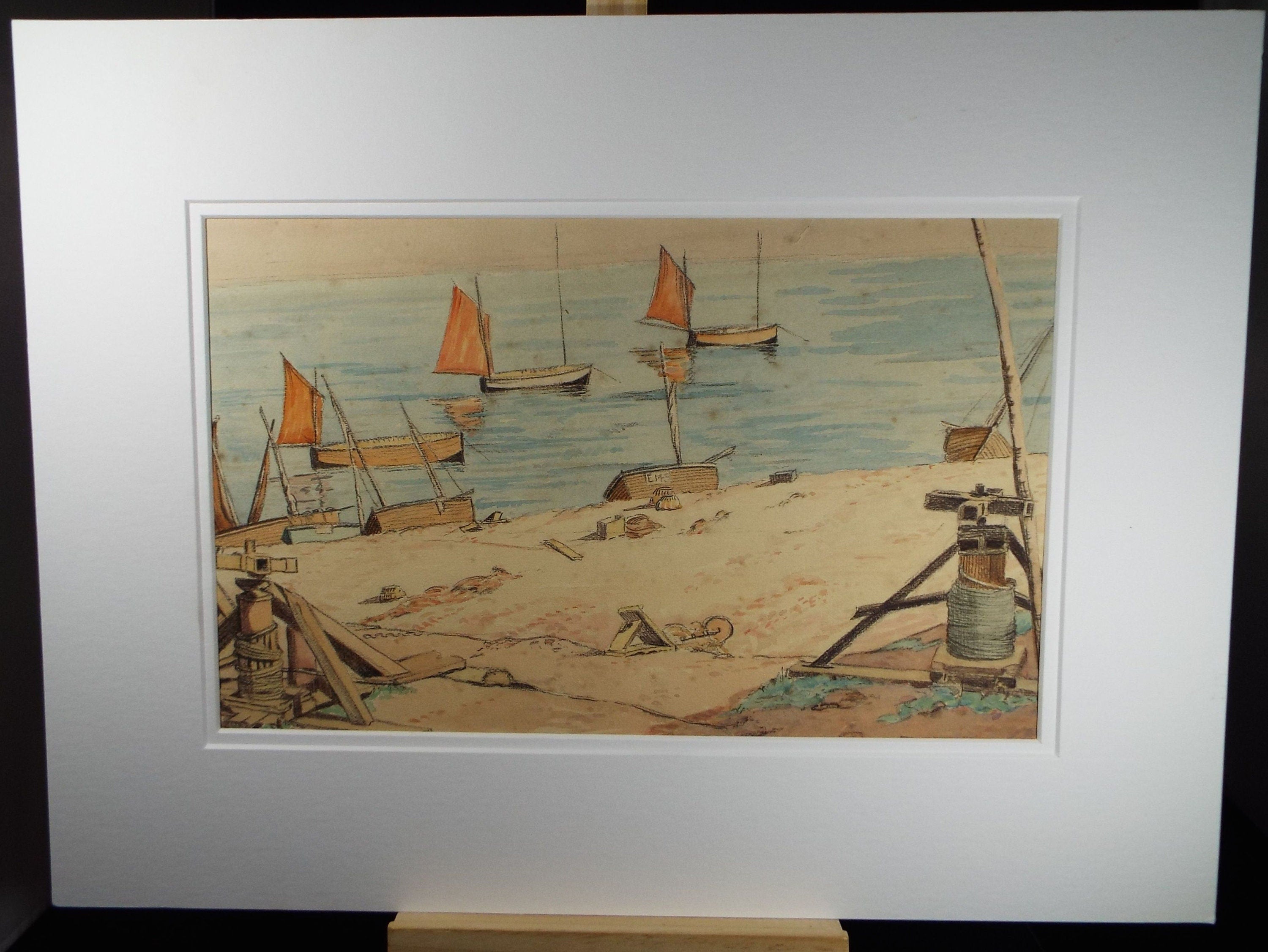 Original Charcoal & Watercolour, 'Sailing Dinghys', Circa 1930's , Frank Harold Read FRPS (1881-1960)