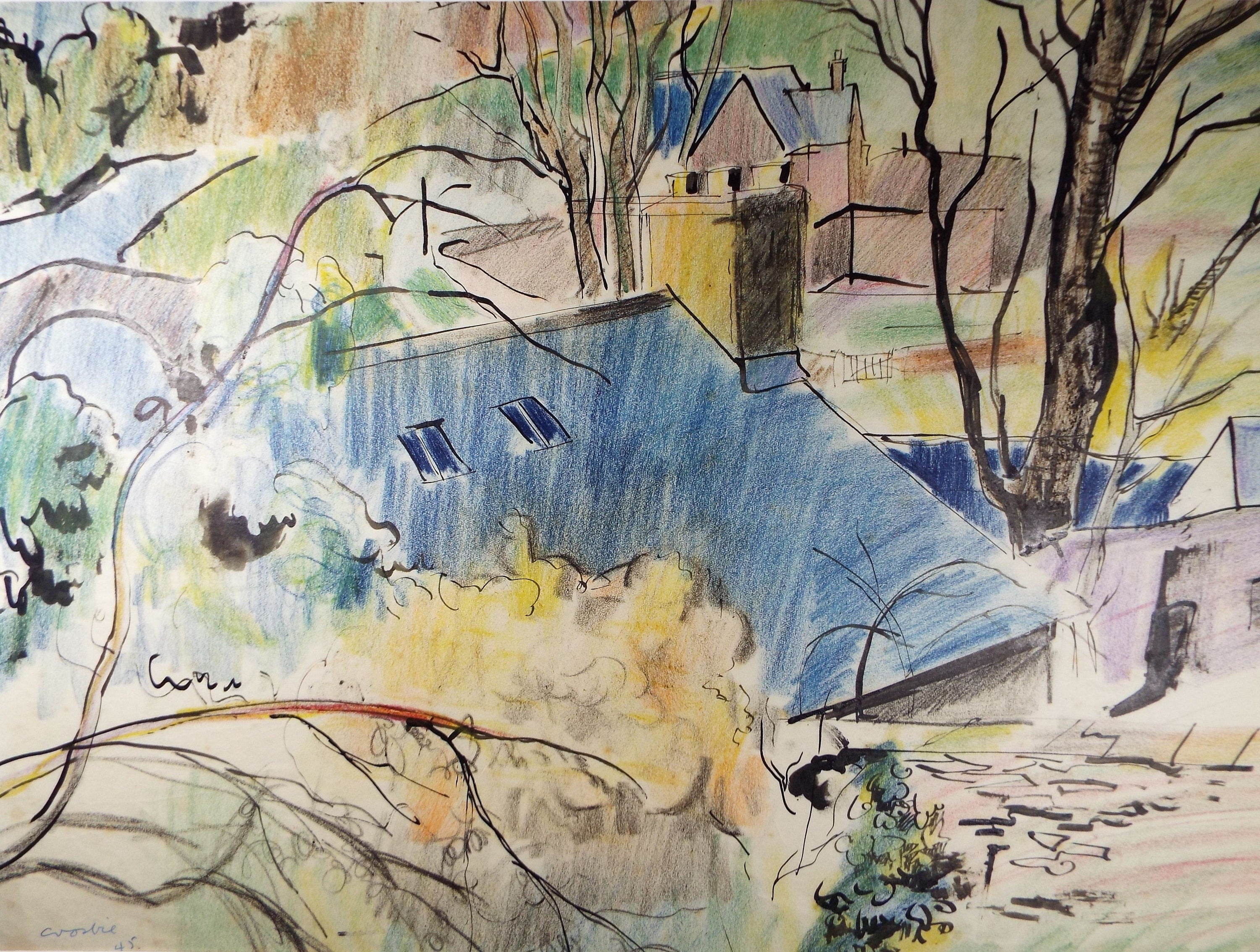 Original ink & pencil/pastel, 'Houses in a Landscape', William Crosbie RSA, RGI (1915-1999)