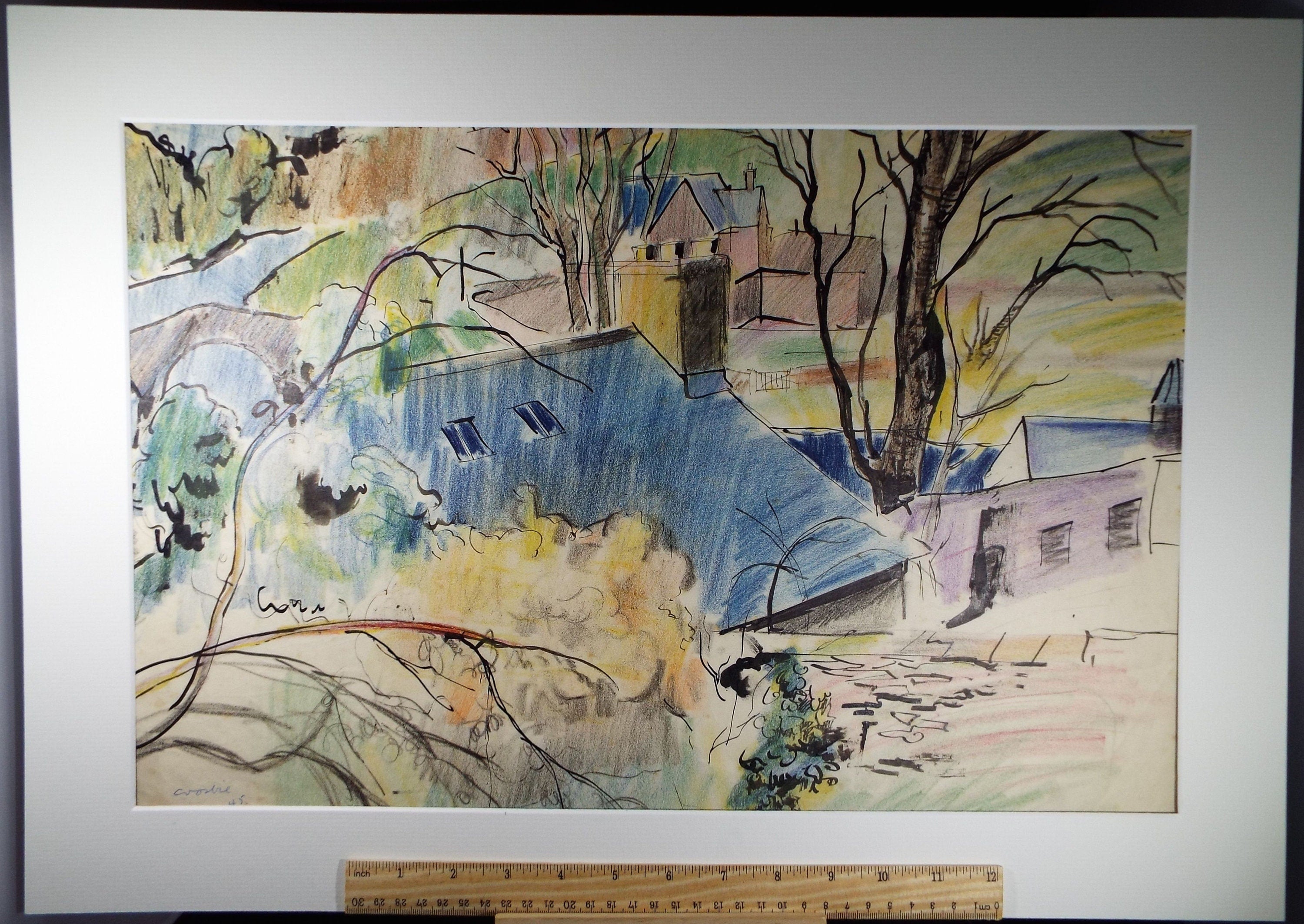 Original ink & pencil/pastel, 'Houses in a Landscape', William Crosbie RSA, RGI (1915-1999)