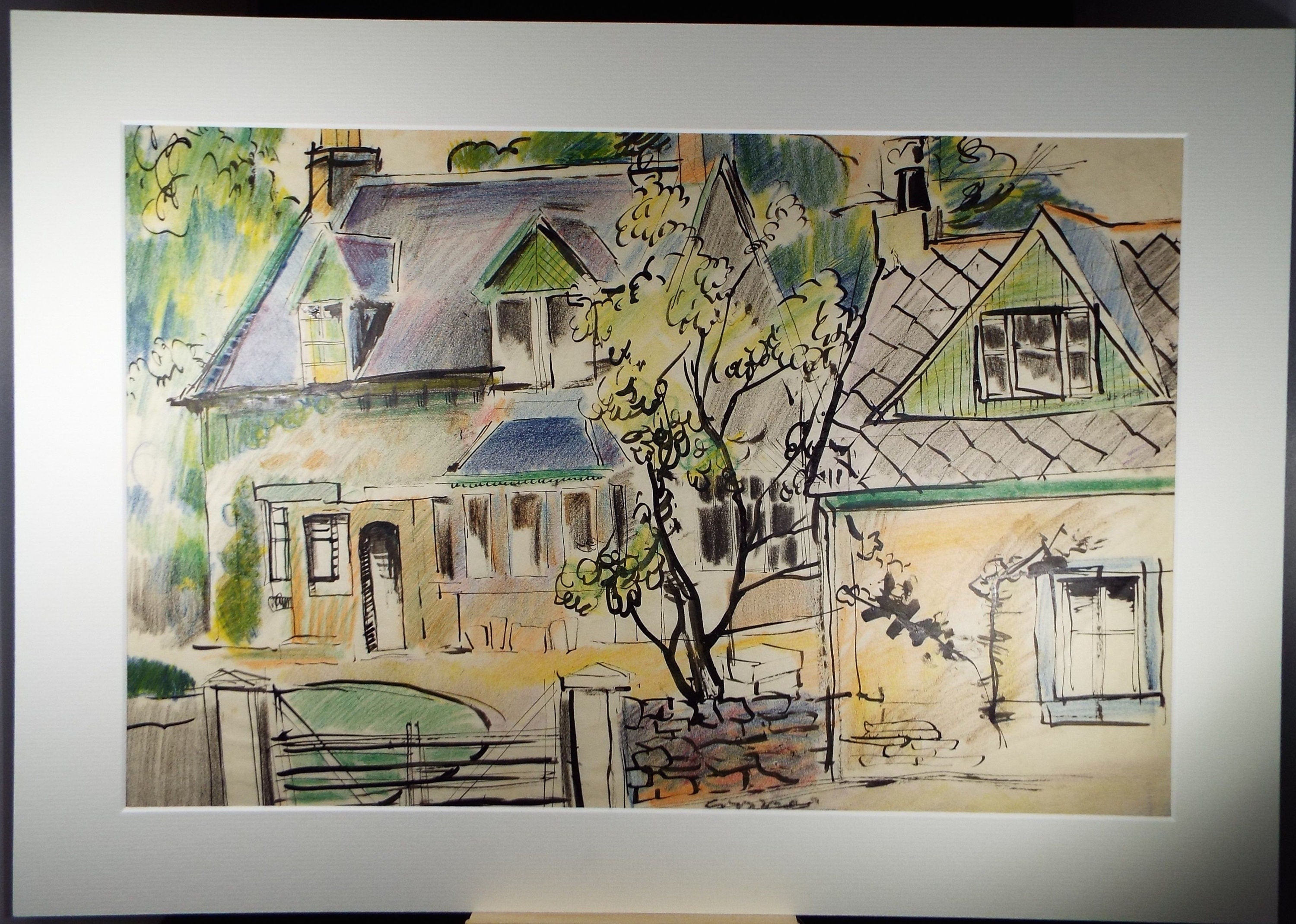 Original ink & pencil/pastel, 'House with Blue Roof', William Crosbie RSA, RGI (1915-1999)