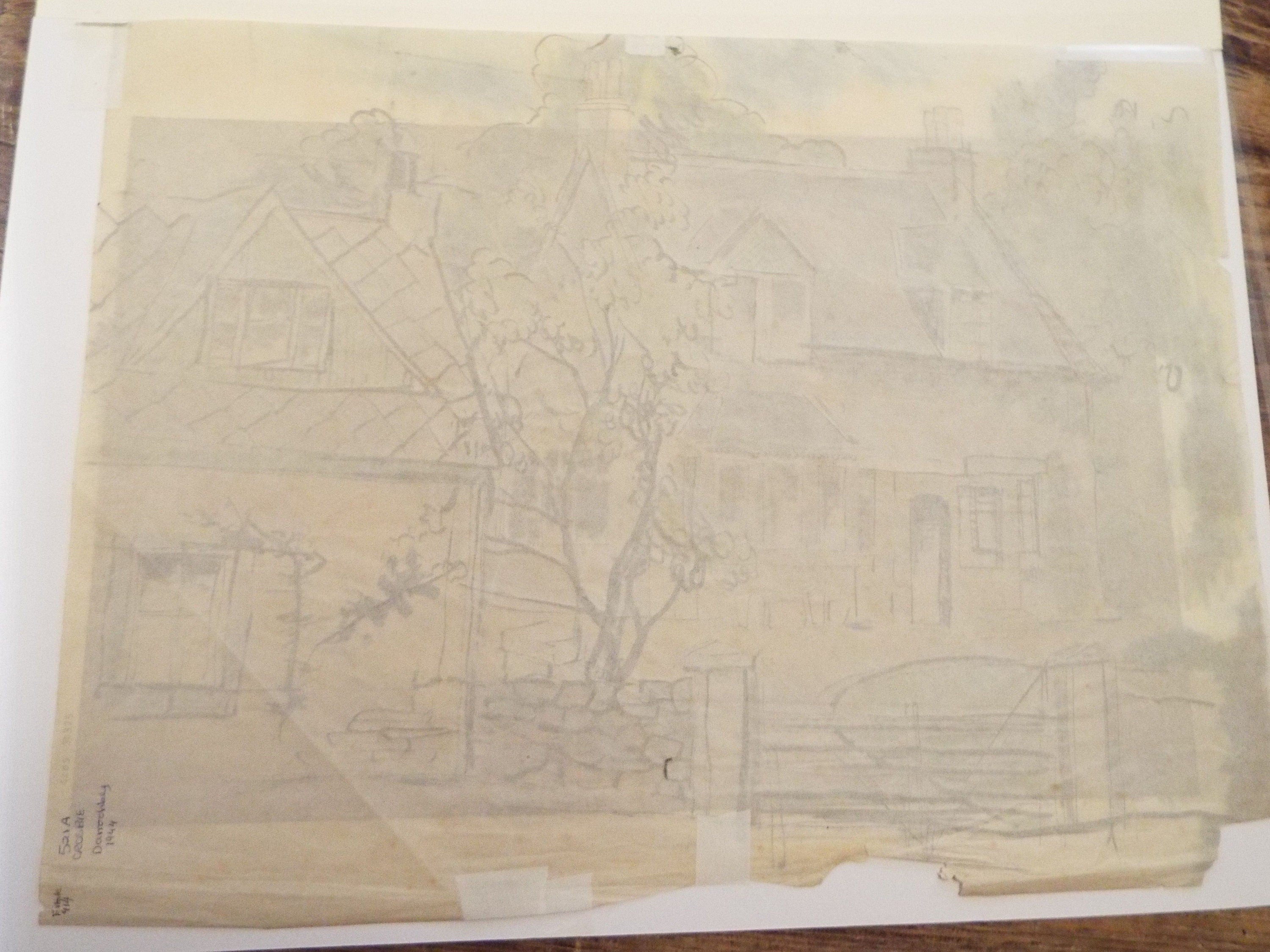 Original ink & pencil/pastel, 'House with Blue Roof', William Crosbie RSA, RGI (1915-1999)