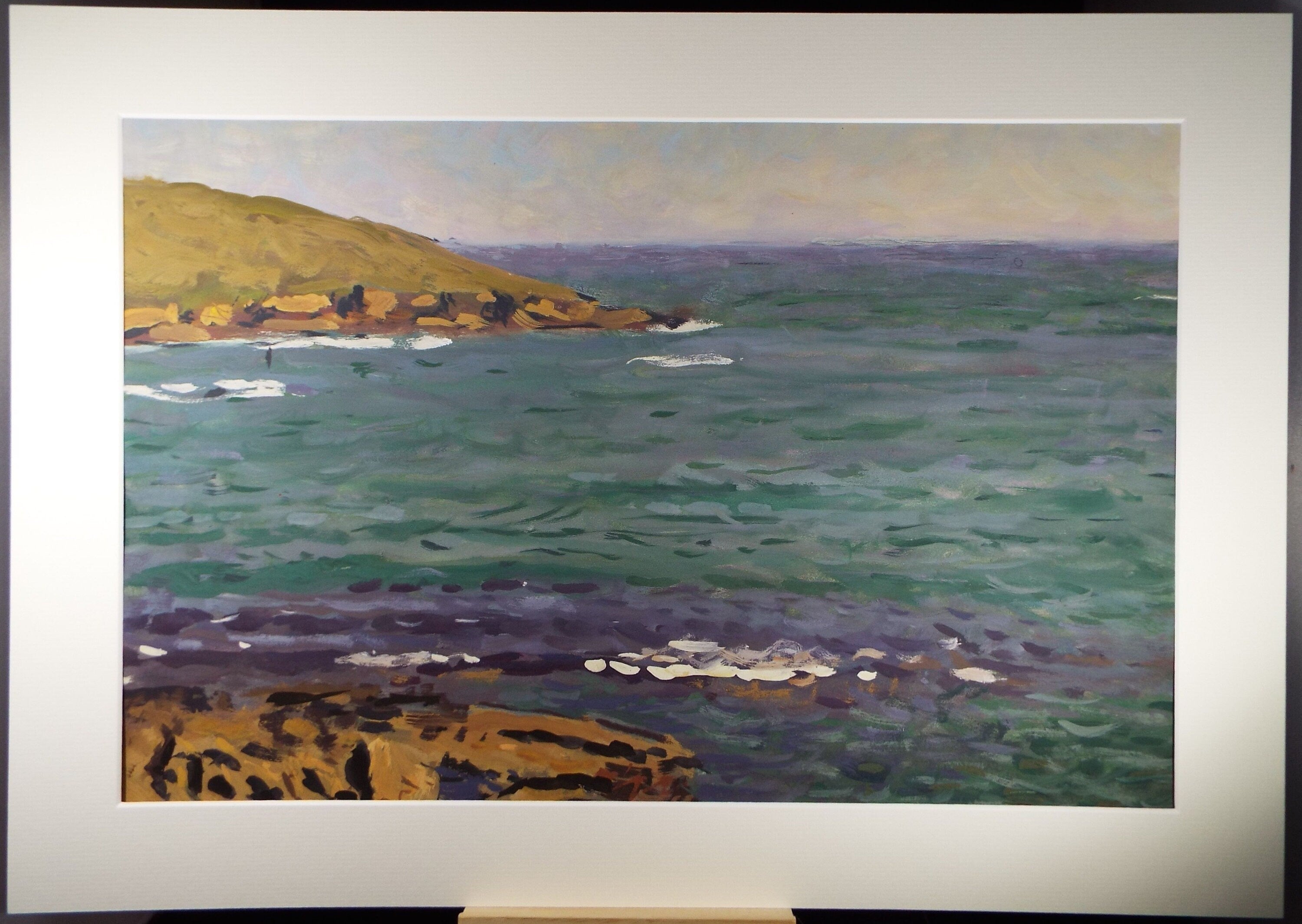 Original Gouache on paper, 'Headland with Green Sea', Unknown Artist, circa 1960's - Marine Landscape