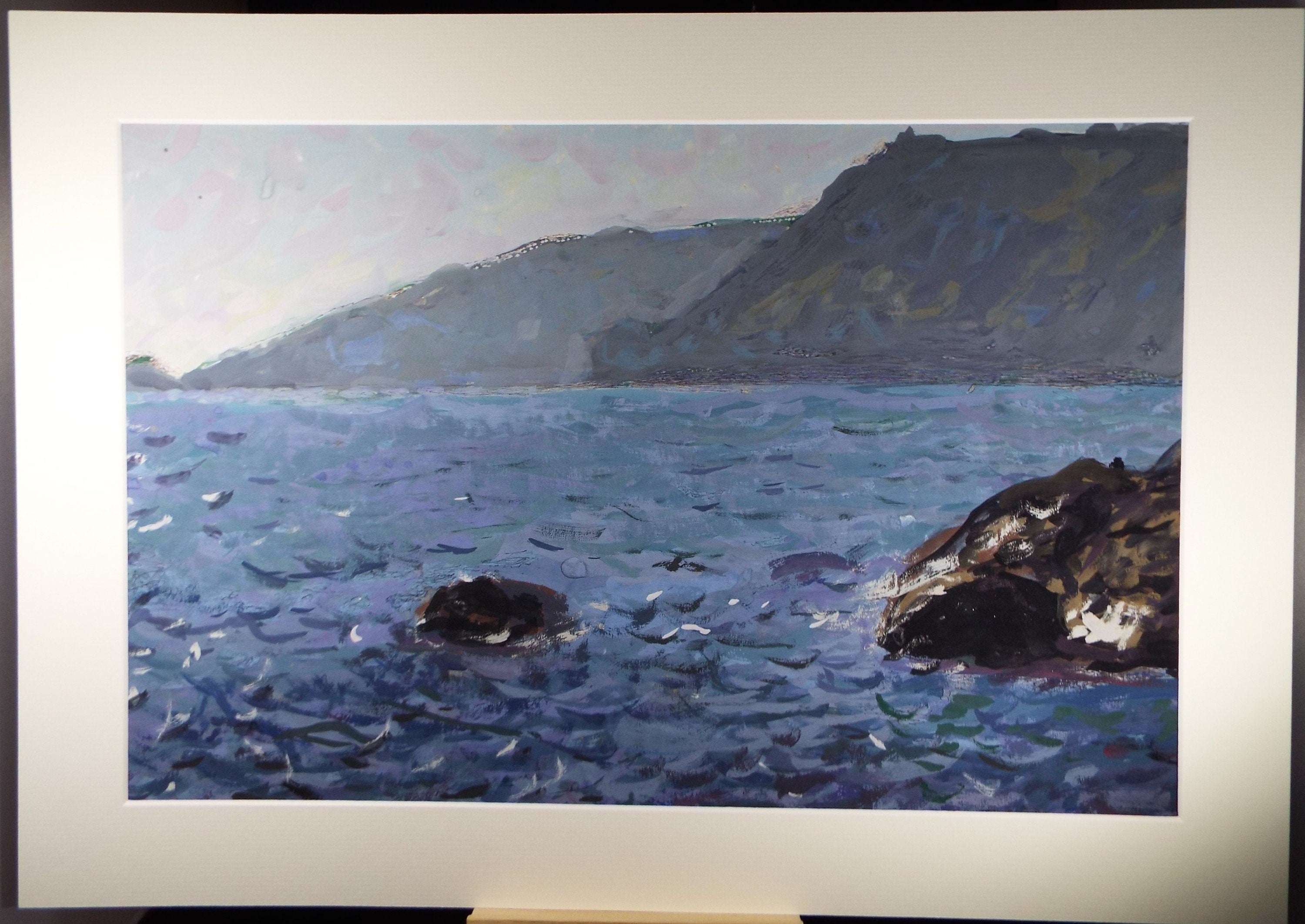 Original Gouache on paper, 'Headland with Blue Sea', Unknown Artist, circa 1960's - Marine Landscape