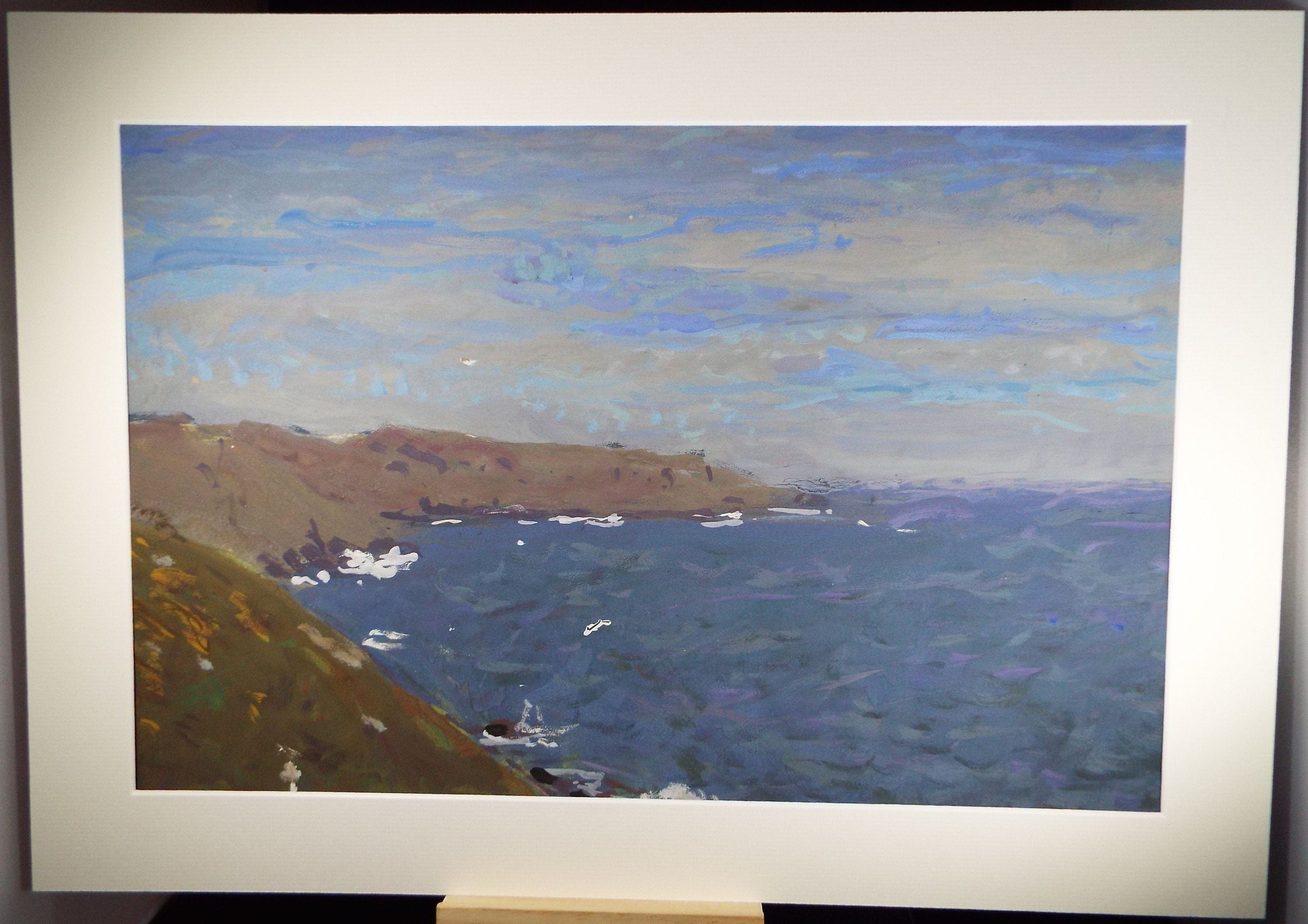 Original Gouache on paper, 'Headland with breaking waves', Unknown Artist, circa 1960's - Marine Landscape