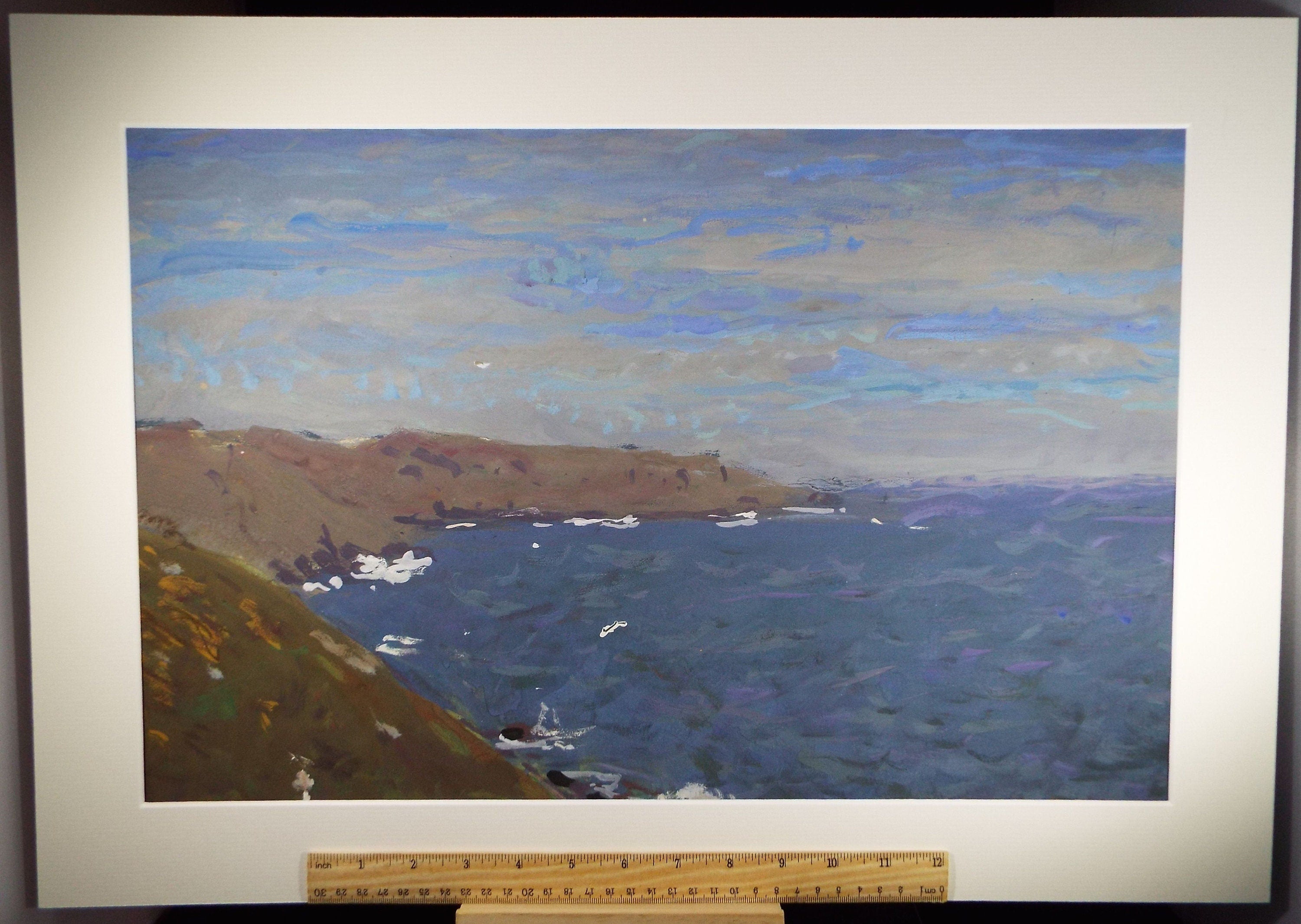 Original Gouache on paper, 'Headland with breaking waves', Unknown Artist, circa 1960's - Marine Landscape