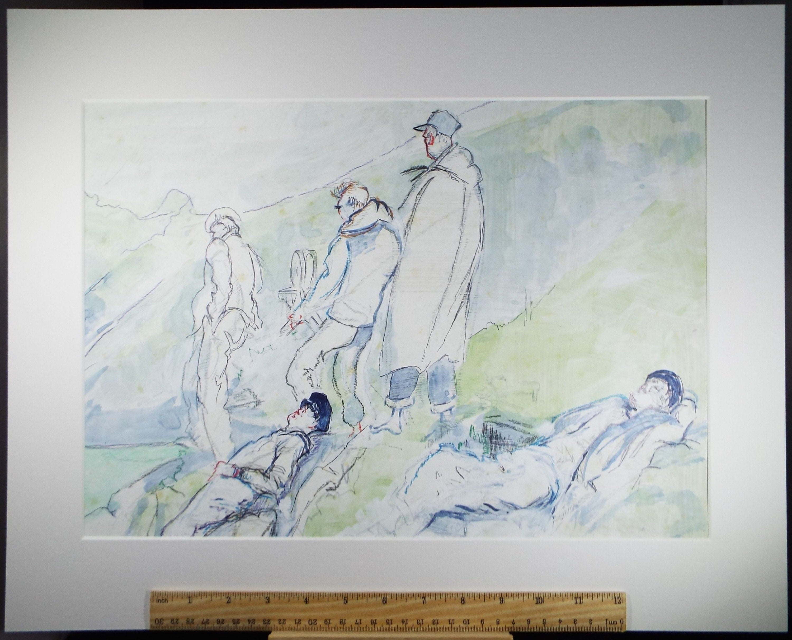 Original Watercolour & Gouache, 'Figures on a hillside above mine workings', Ivy T. Attwell (20th Century, British)