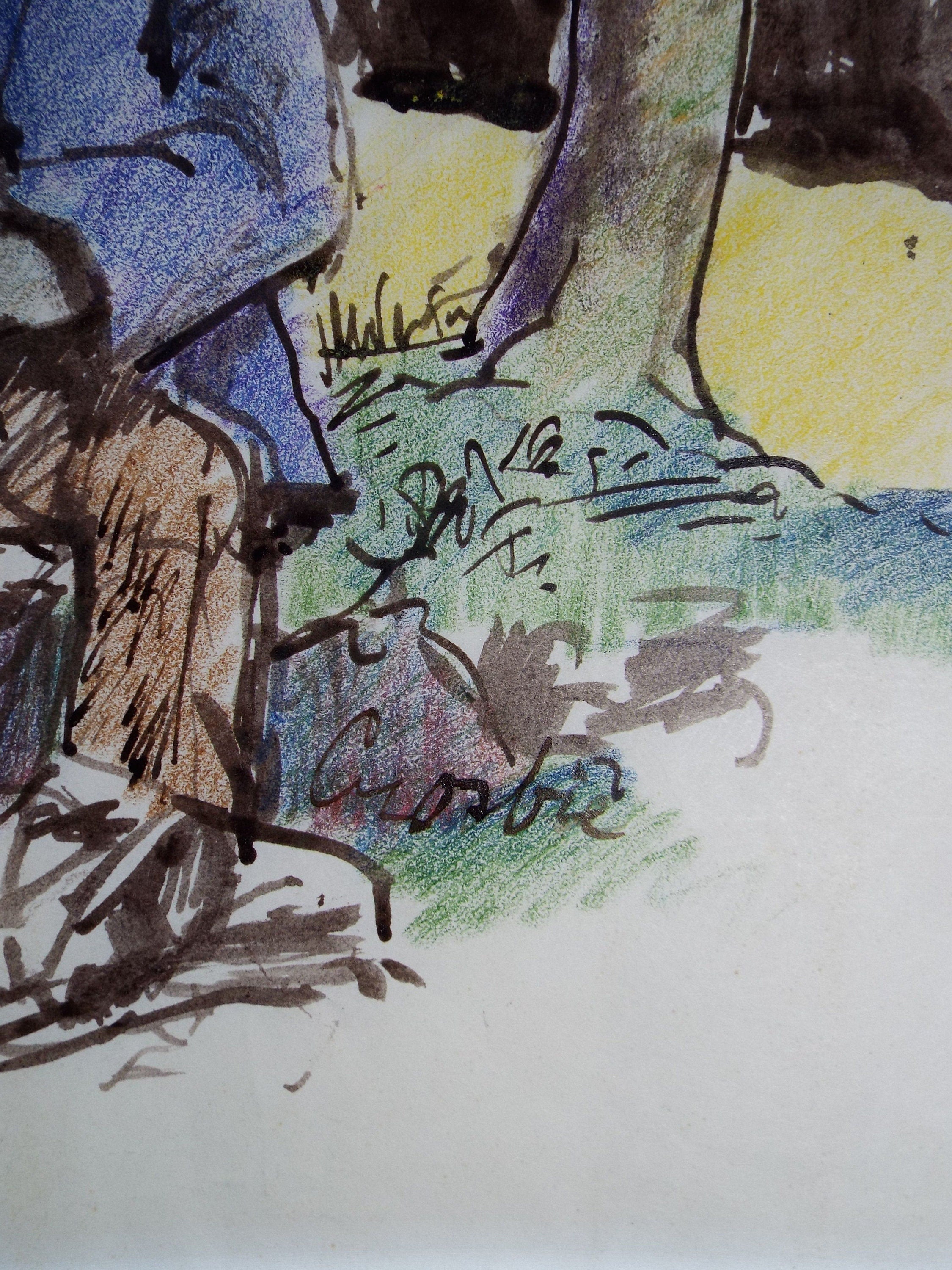 Original india ink & Pencil/pastel on paper, 'Seated figure in a Landscape', William Crosbie RSA, RGI (1915-1999)