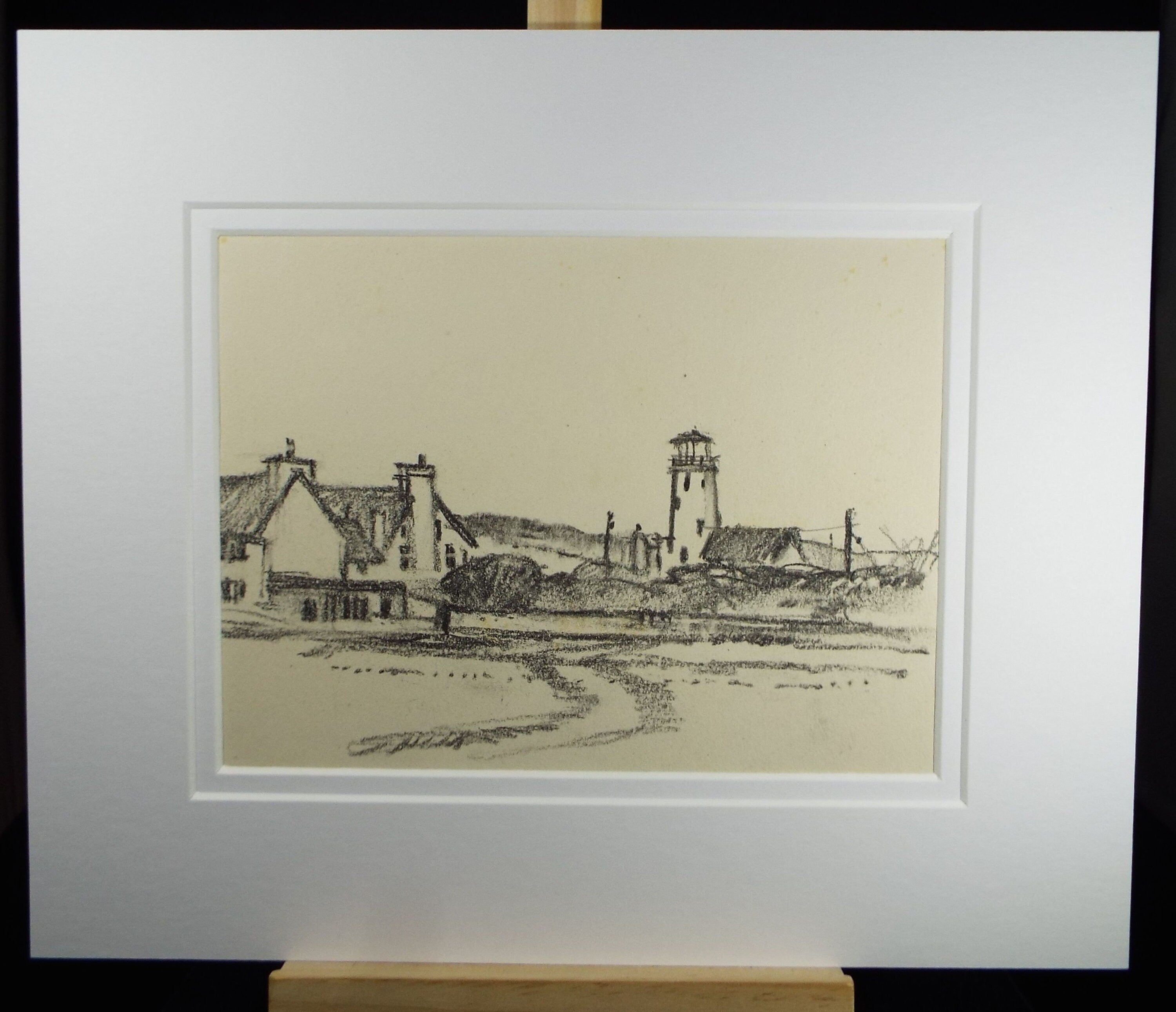 Original Charcoal & Pencil Drawing 'Cottages with Lighthouse', c1990's, Norman James Battershill (1922-2010)