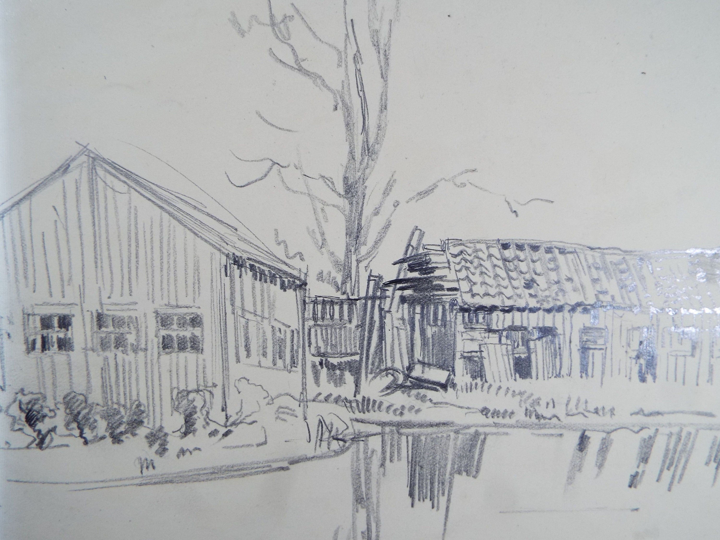 Original Pencil Drawing,  'A Farmstead' , c1920's, Nan C. Livingstone (1876-1952)