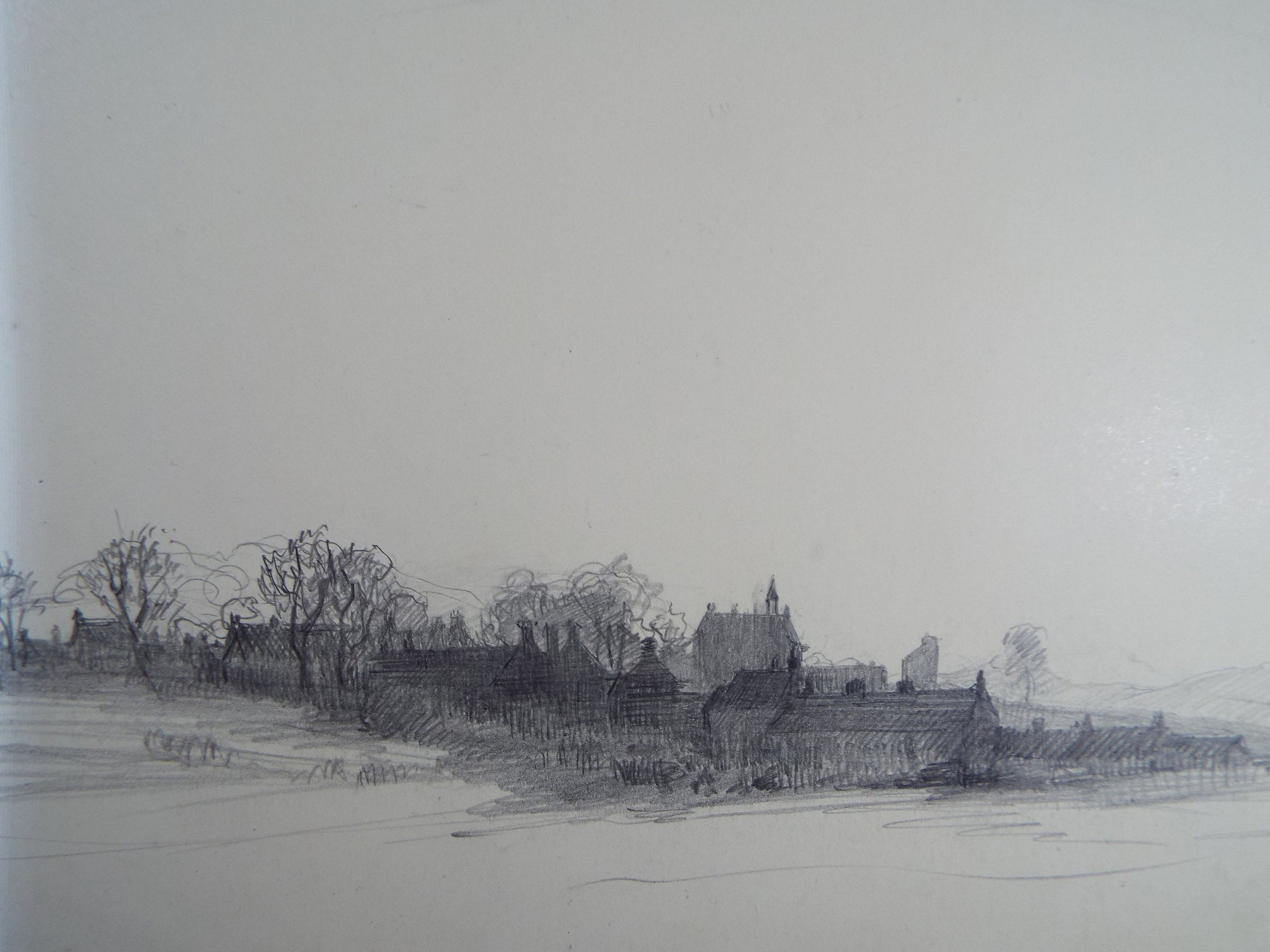 Original Pencil Drawing, 'A Distant Village', Circa 1920's, Nan C. Livingstone (1876-1952)