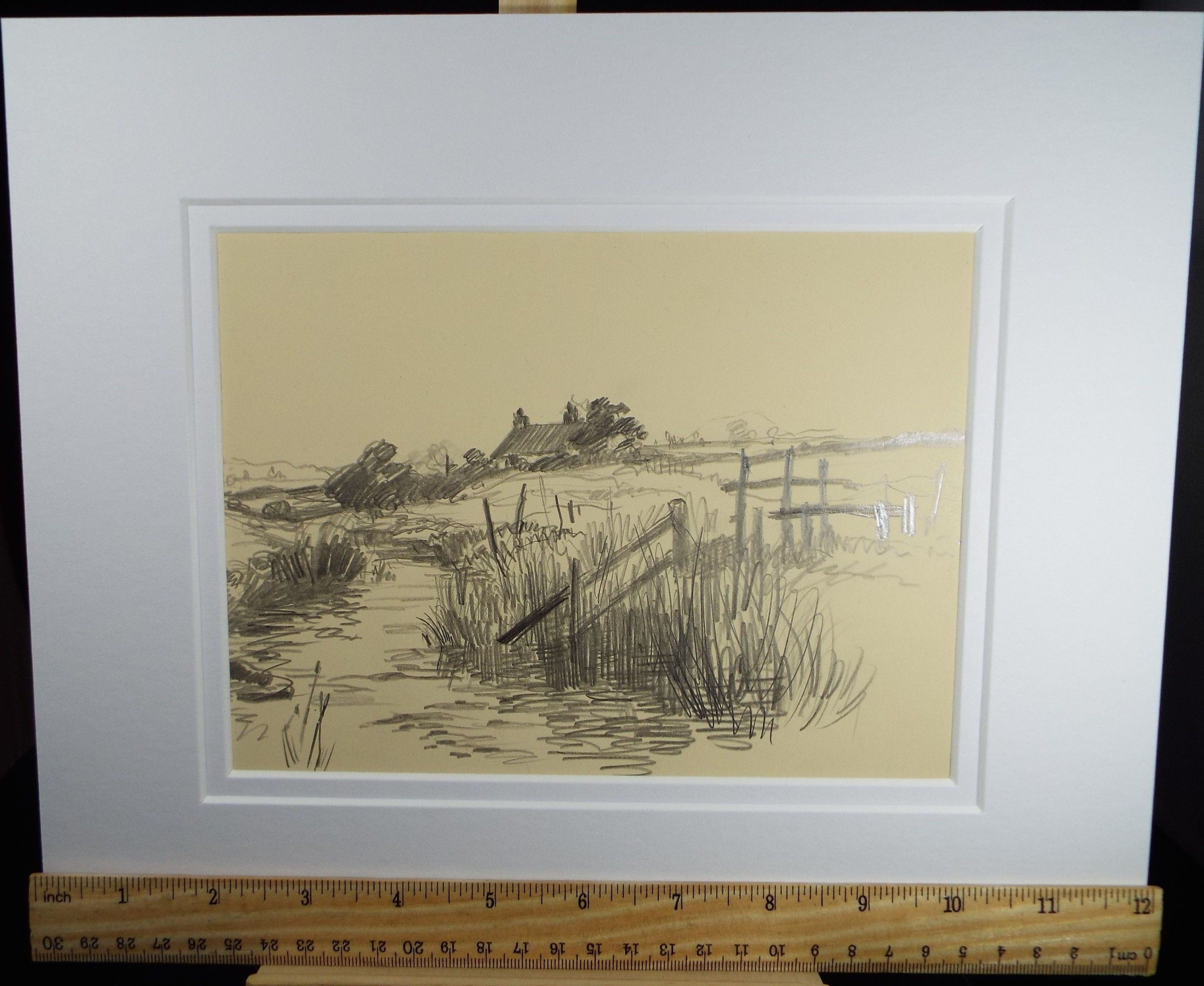 Original Pencil Drawing, 'Farmstead by a River', Dated 1928,  Nan C. Livingstone (1876-1952)