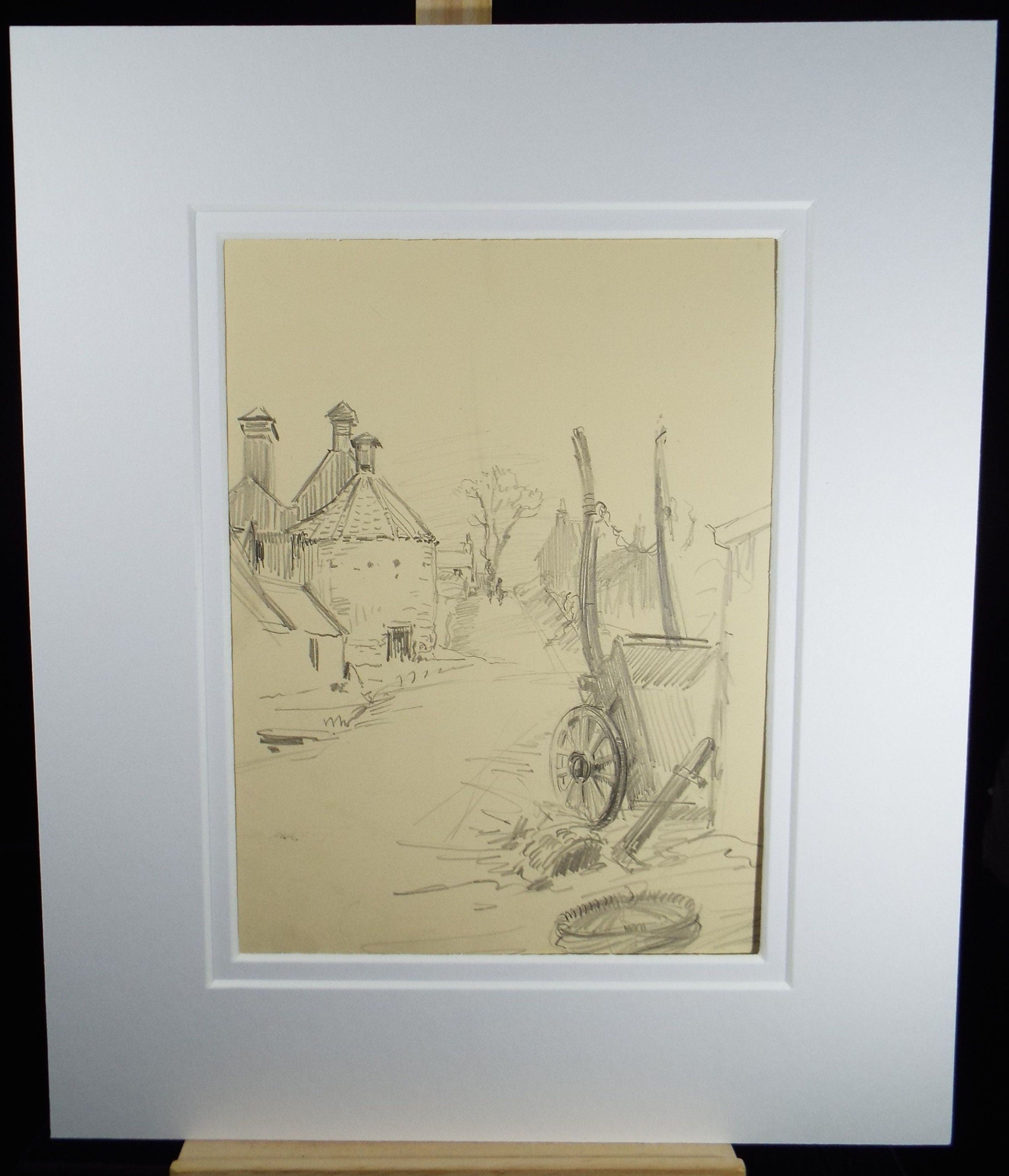 Original Pencil Drawing, 'A Farmyard', Circa 1920's, Nan C. Livingstone (1876-1952)