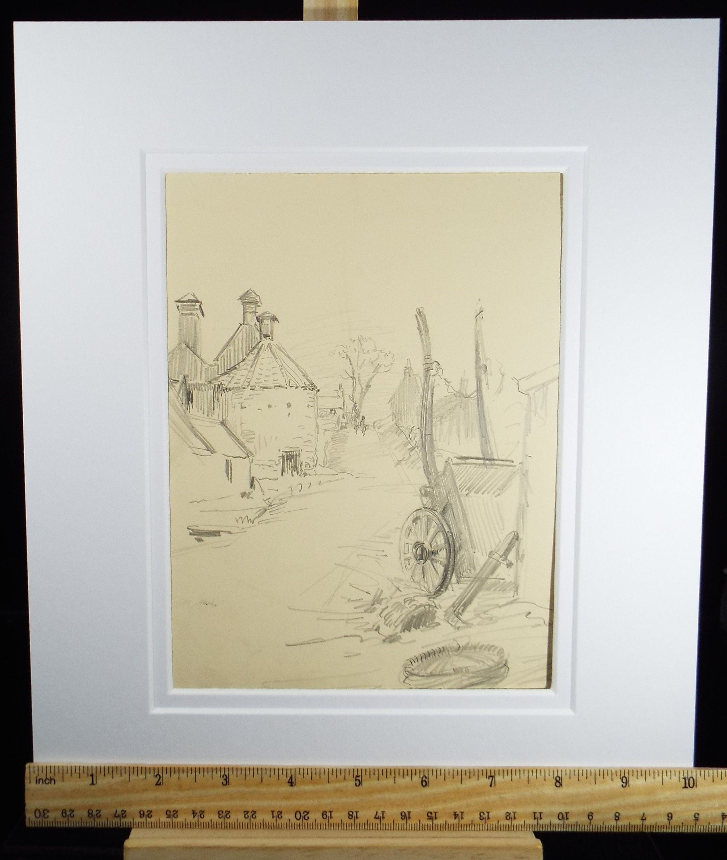 Original Pencil Drawing, 'A Farmyard', Circa 1920's, Nan C. Livingstone (1876-1952)