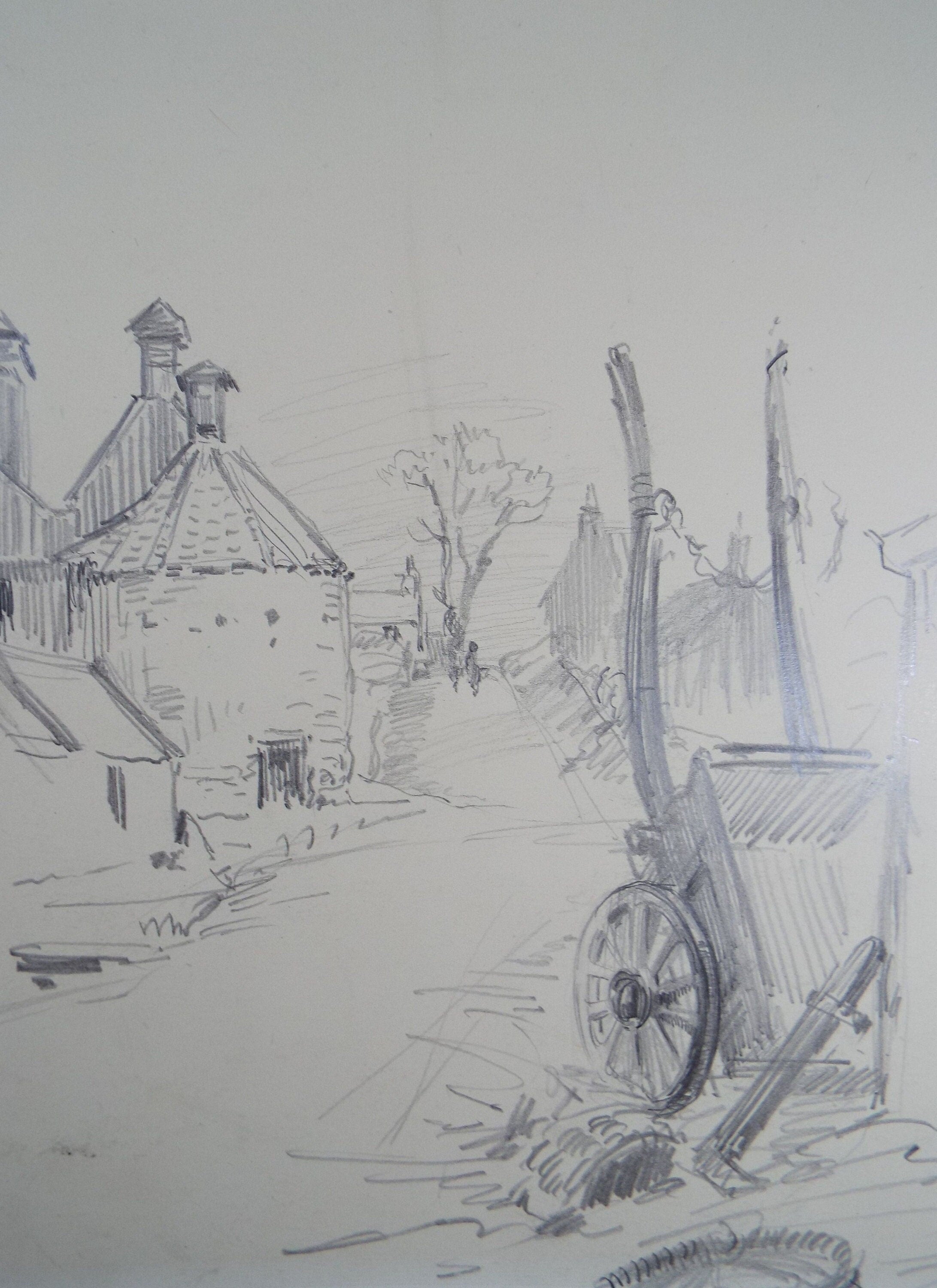 Original Pencil Drawing, 'A Farmyard', Circa 1920's, Nan C. Livingstone (1876-1952)