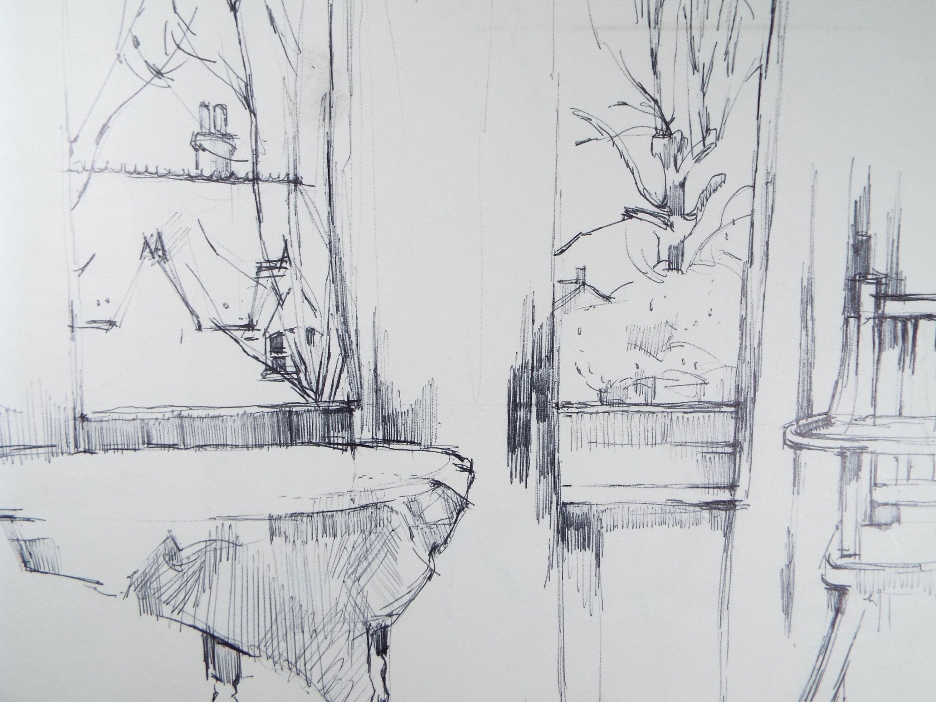 Original ink Drawing, 'Window views with high Chair', Circa 1950's, Douglas Pittuck (1911-1993)