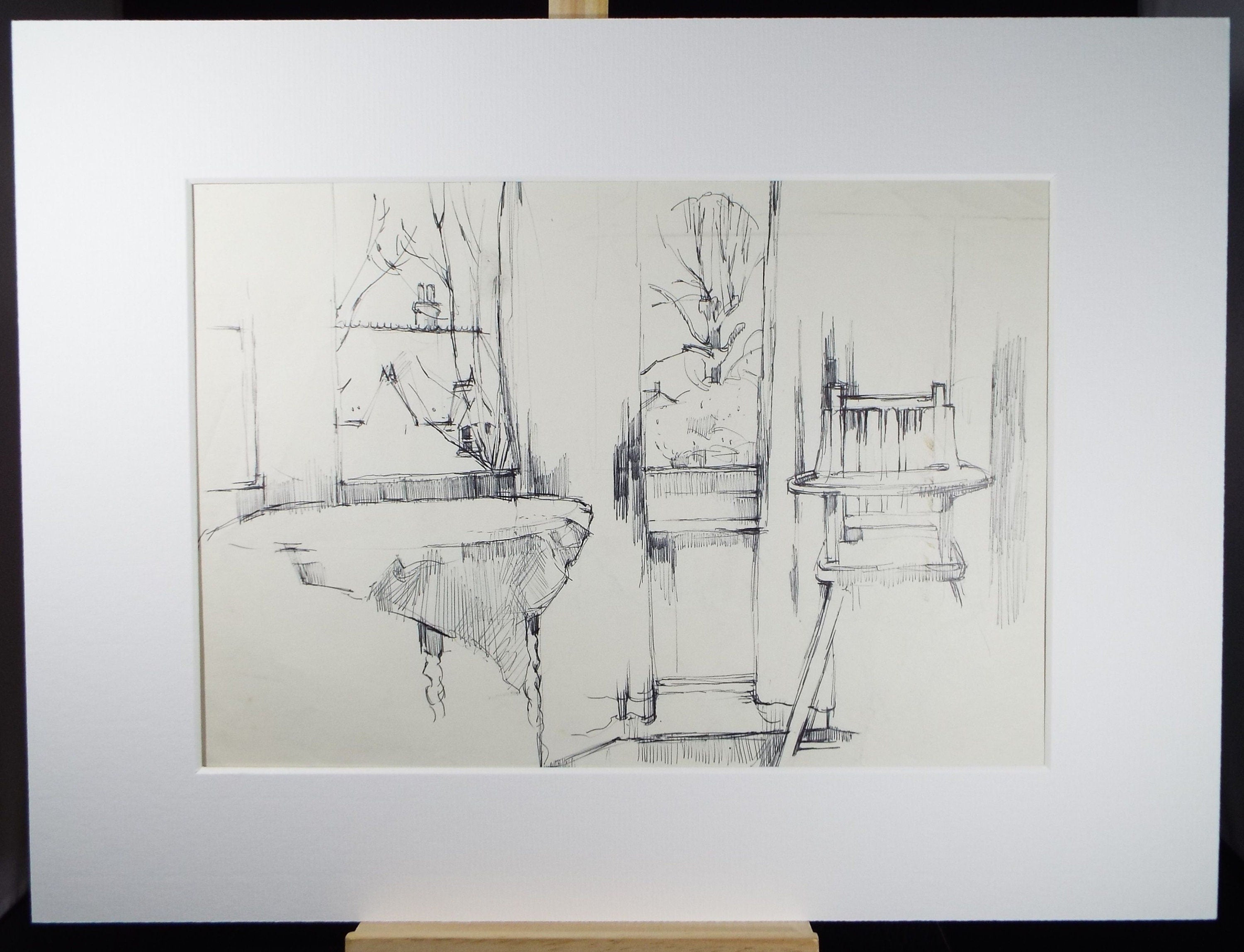 Original ink Drawing, 'Window views with high Chair', Circa 1950's, Douglas Pittuck (1911-1993)