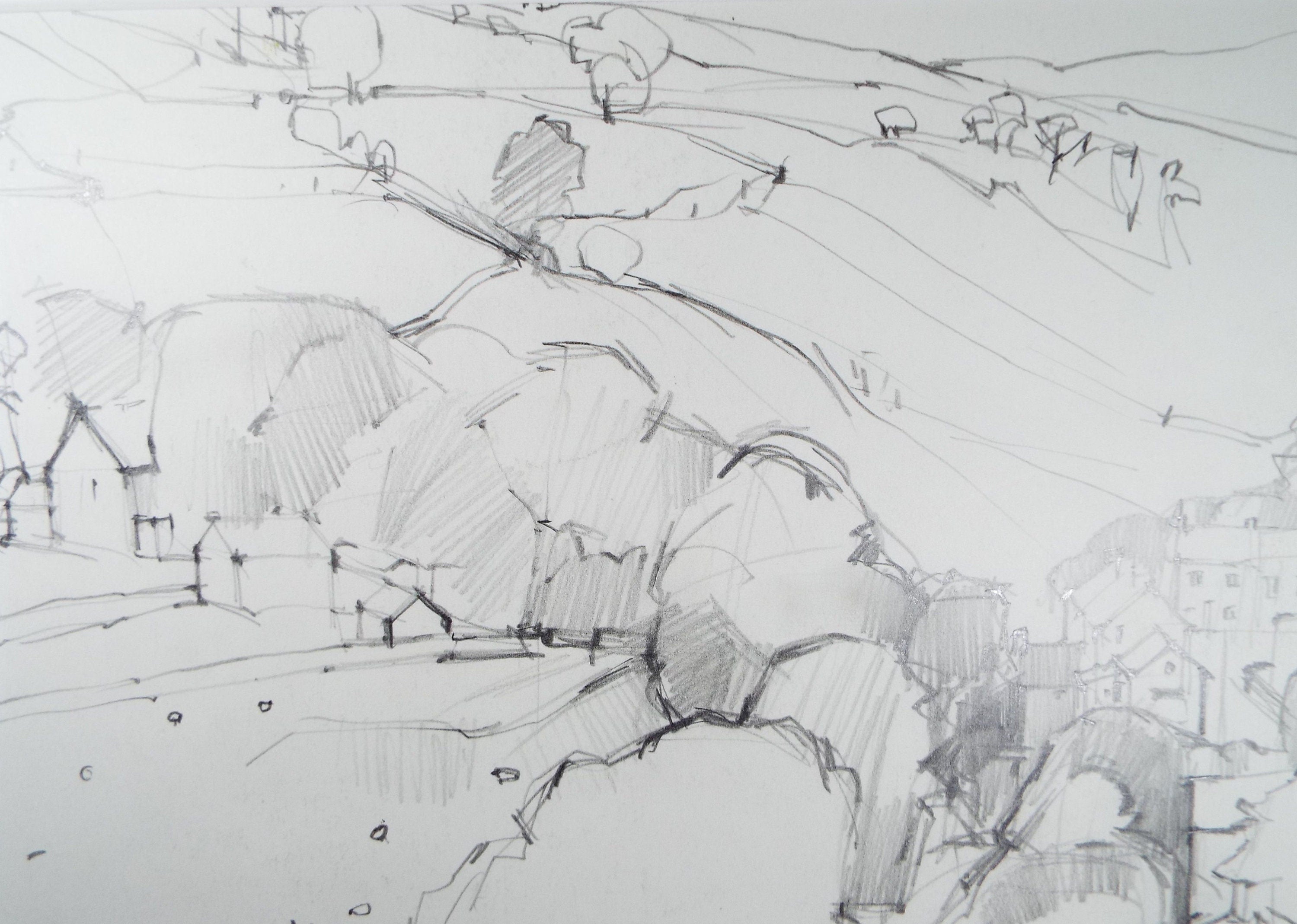 Original Pencil  Drawing, 'Landscape  with Buildings', circa 1970's Douglas Pittuck (1911-1993)