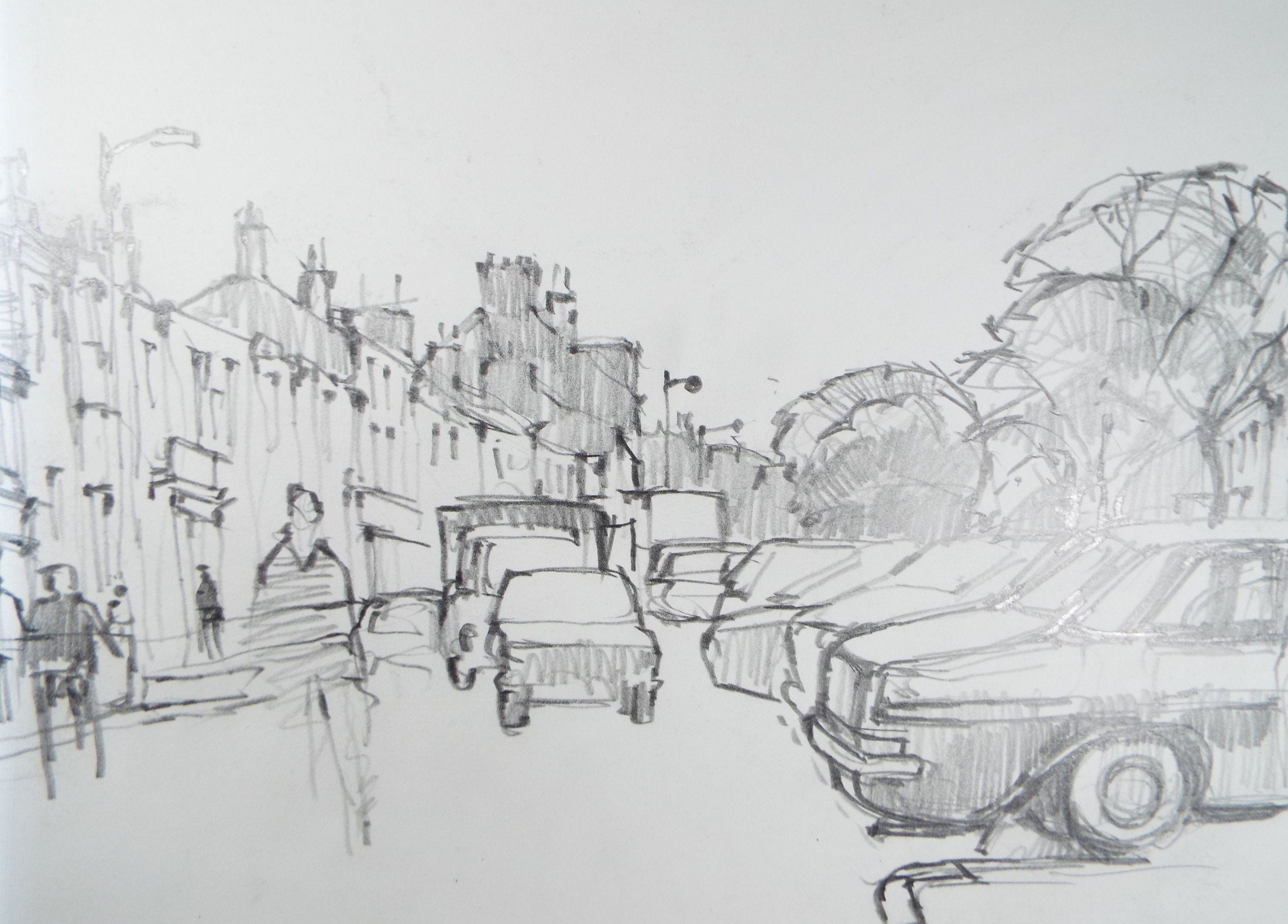 Original Pencil Drawing, 'Street Scene with Cars' , Circa 1990's, Douglas Pittuck (1911-1993)