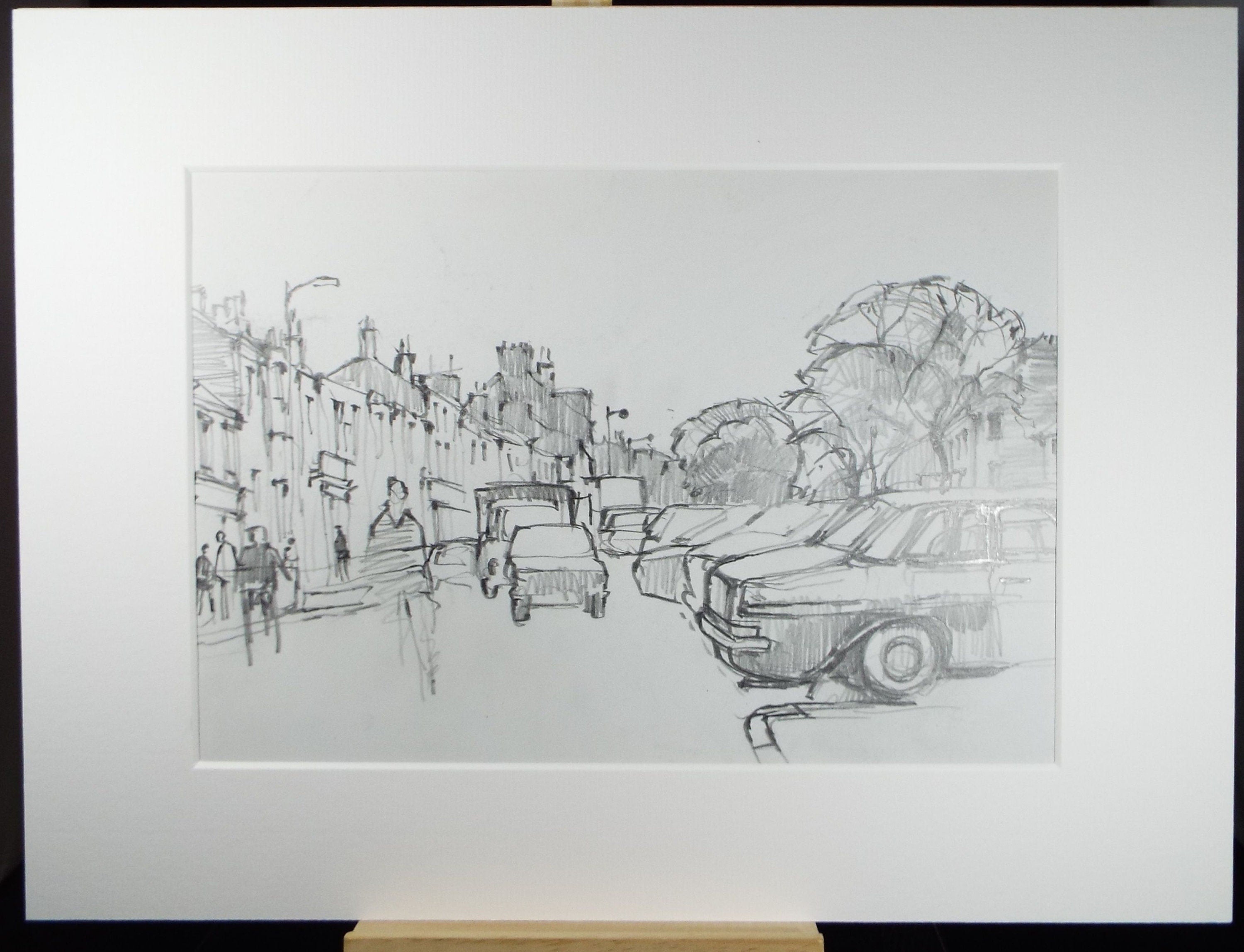 Original Pencil Drawing, 'Street Scene with Cars' , Circa 1990's, Douglas Pittuck (1911-1993)