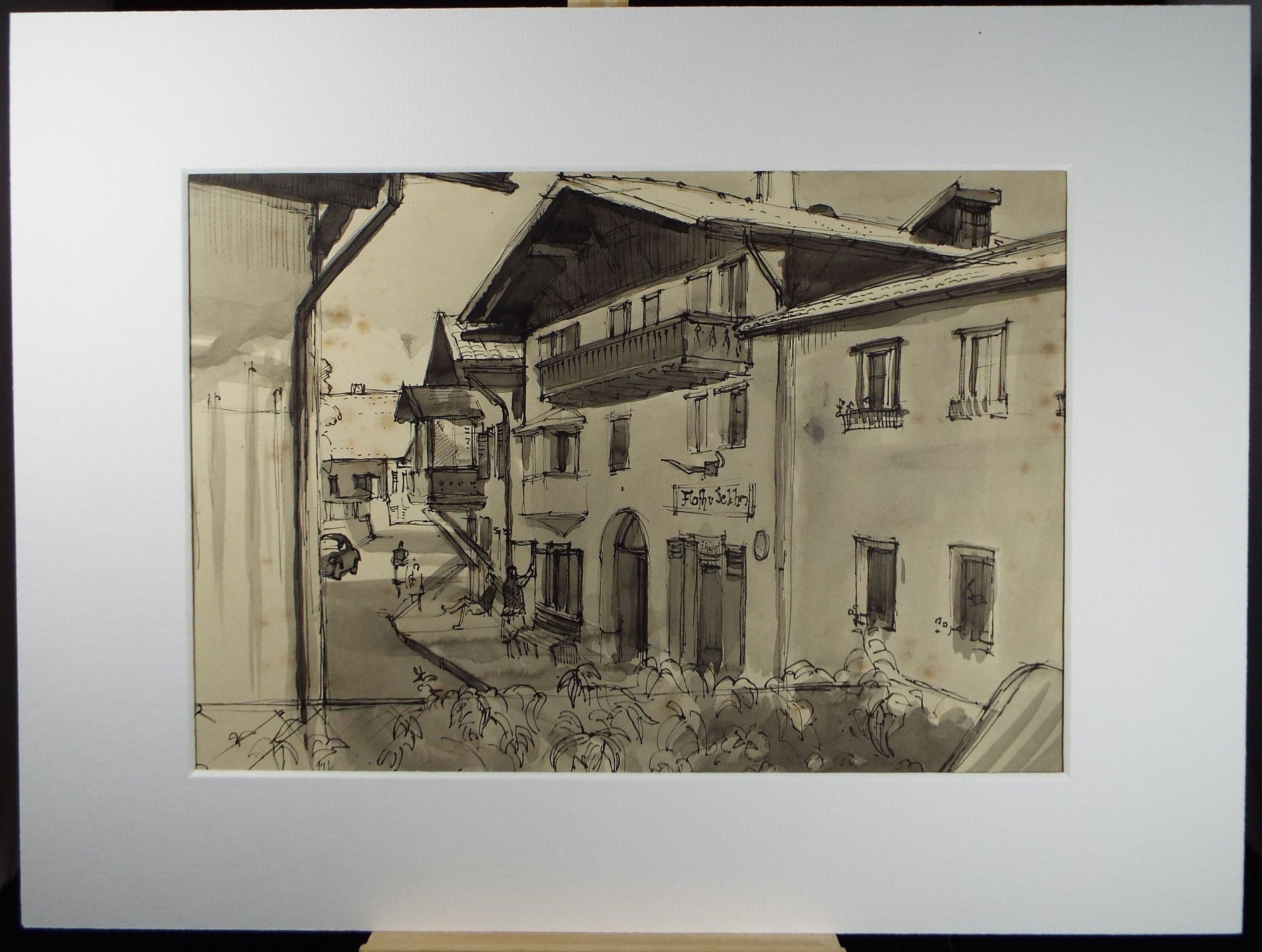 Original Ink & wash Drawing, 'Mieders, Austria', Dated 1957, Douglas Pittuck (1911-1993)