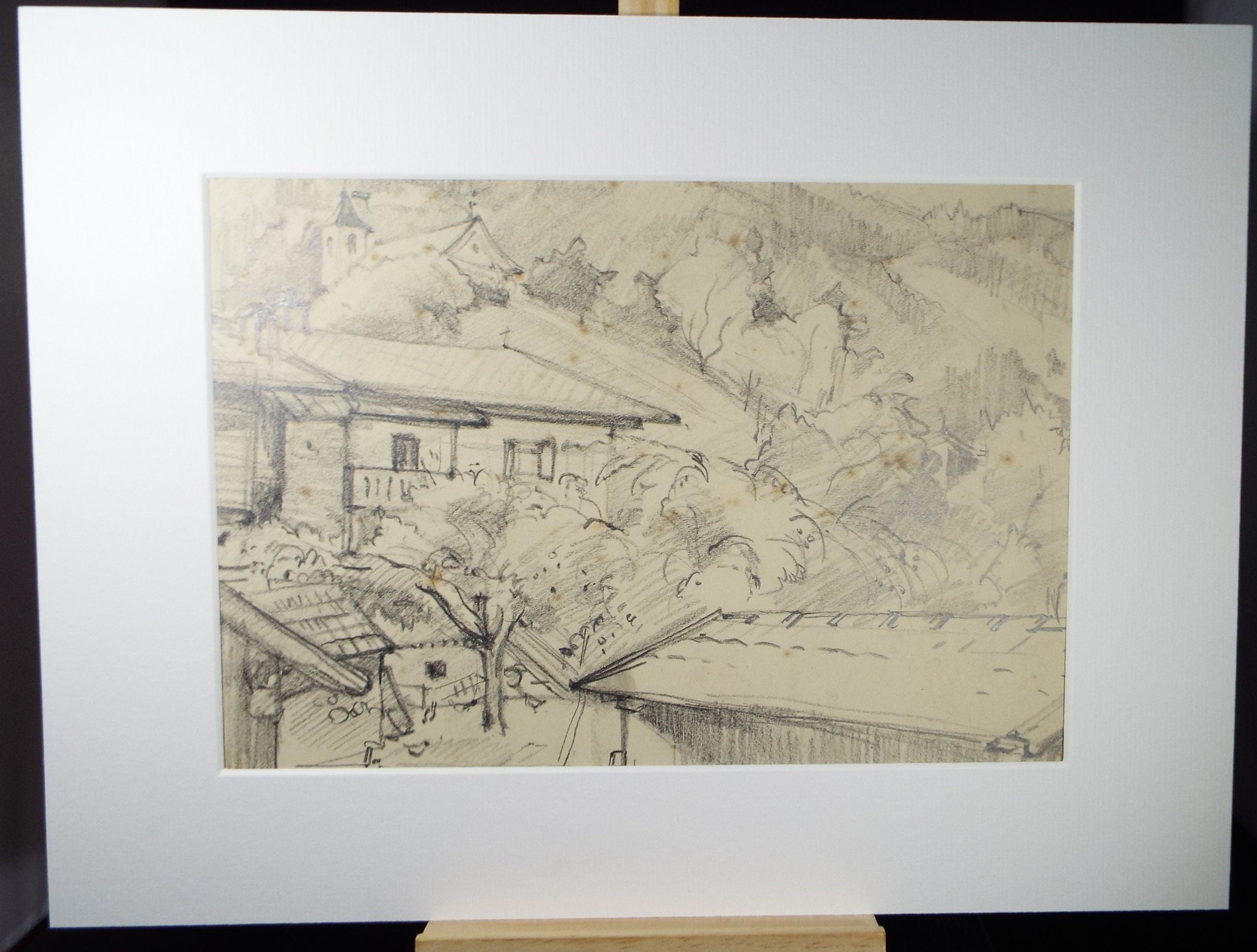 Original Pencil Drawing, 'Mieders Austria', Dated 1956, Douglas Pittuck (1911-1993)