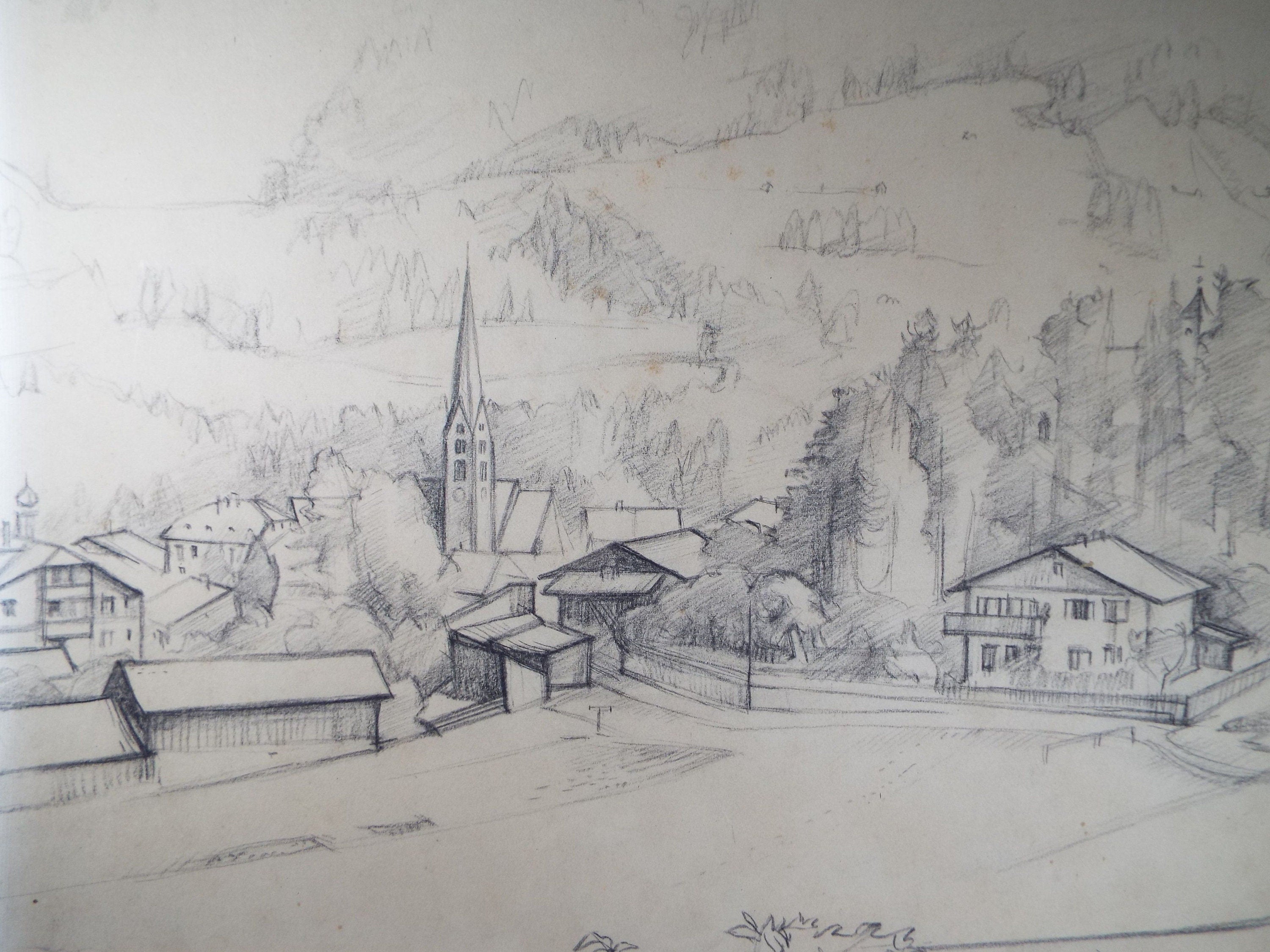 Original Pencil Drawing, 'Mieders Austria', circa 1950's, Douglas Pittuck (1911-1993)